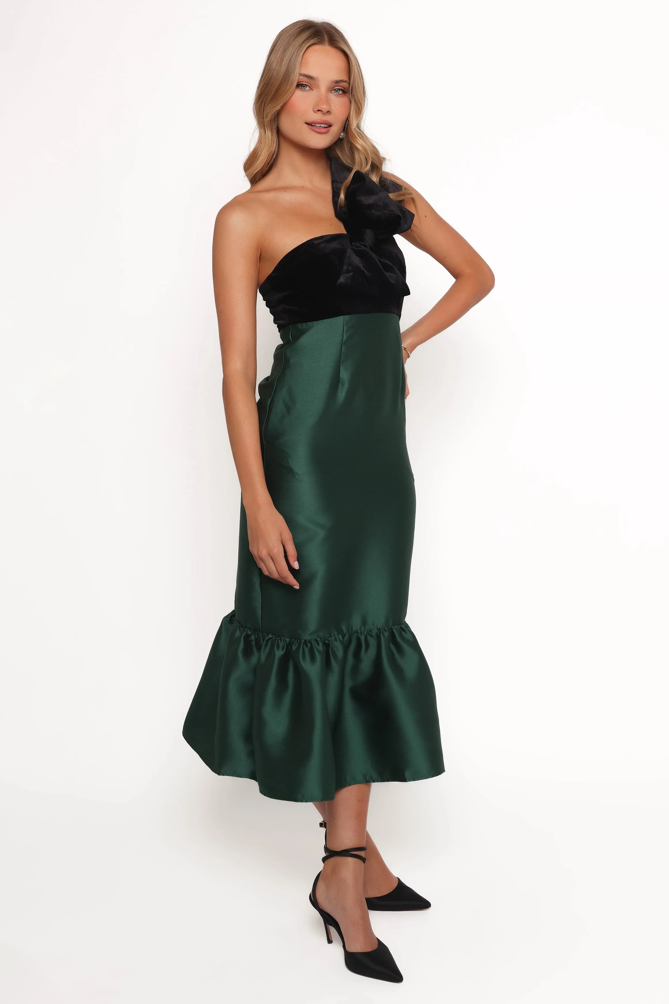 Amelie Bow Front One Shoulder Midi Dress - Black/Emerald sold by Petal & Pup product image thumbnail 5