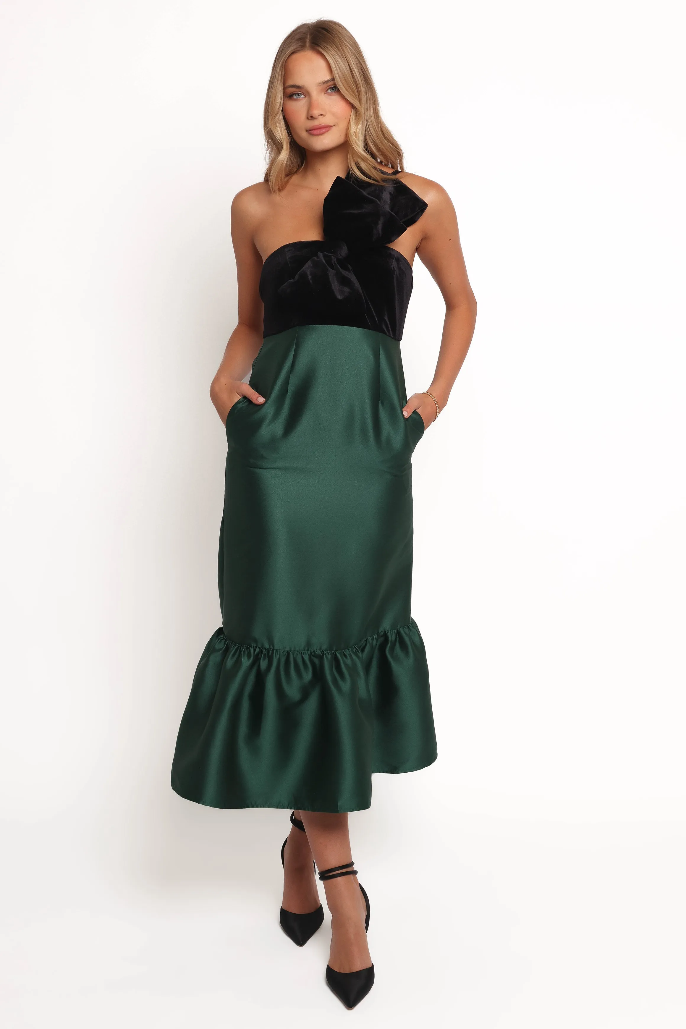 Amelie Bow Front One Shoulder Midi Dress - Black/Emerald sold by Petal & Pup