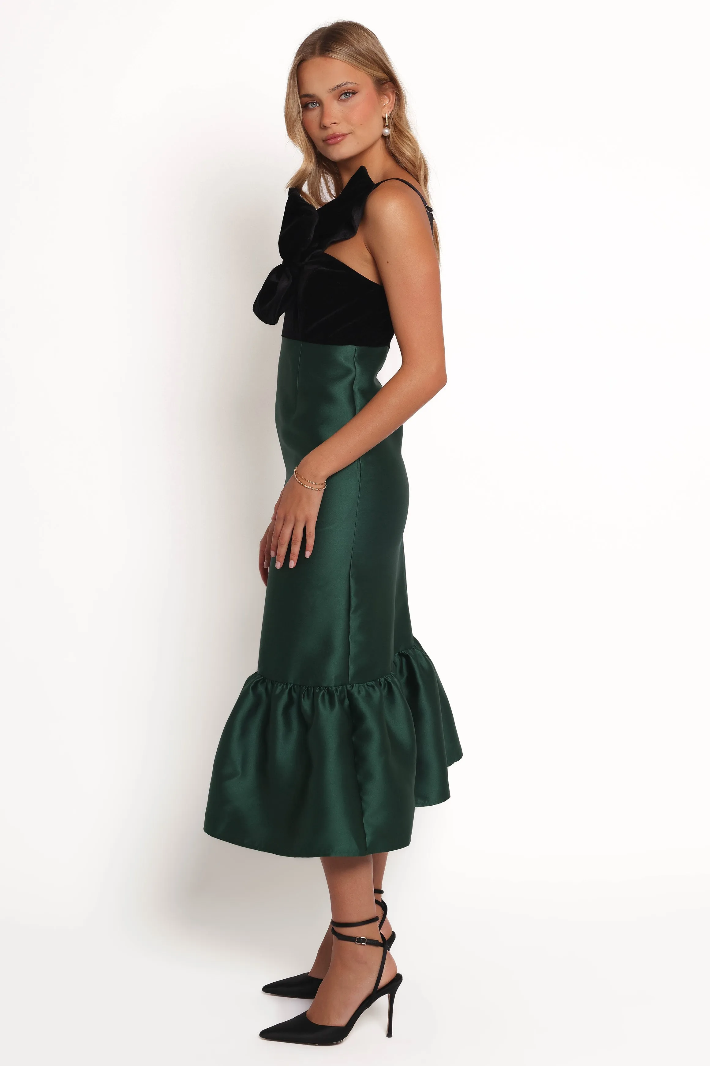 Amelie Bow Front One Shoulder Midi Dress - Black/Emerald sold by Petal & Pup product image thumbnail 3