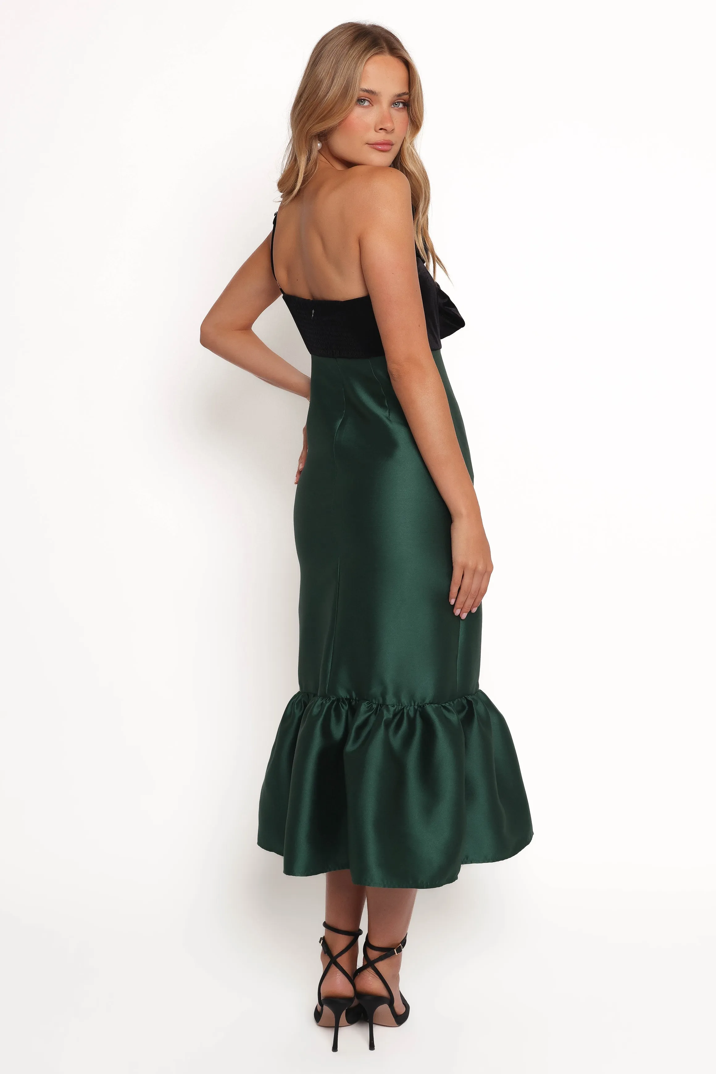 Amelie Bow Front One Shoulder Midi Dress - Black/Emerald sold by Petal & Pup product image thumbnail 4