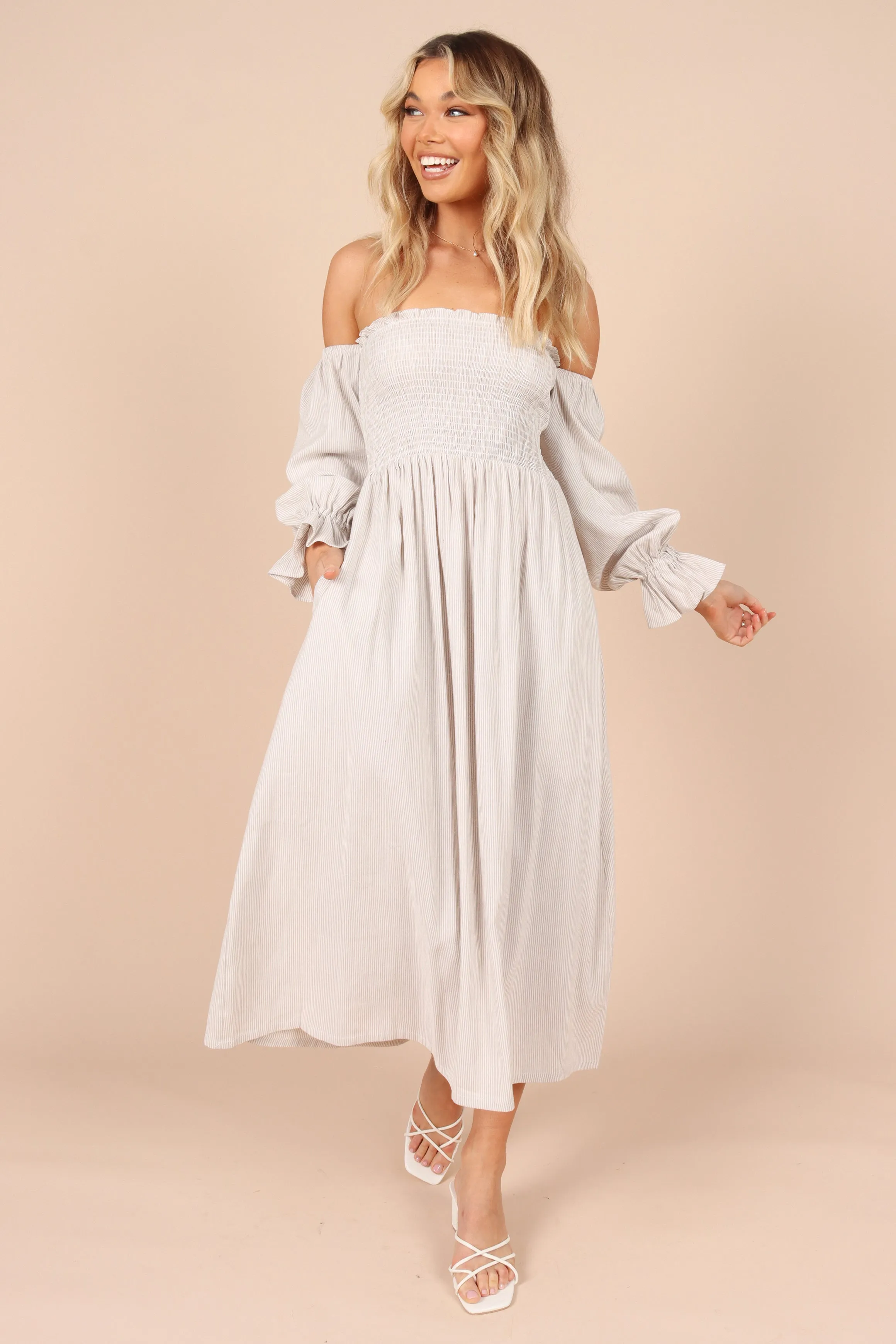 domenica shirred long sleeve midi dress Domenica Shirred Long Sleeve Midi Dress - Beige Stripe