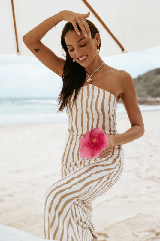 Kim Halter Maxi Dress - Tan Stripe sold by Petal & Pup