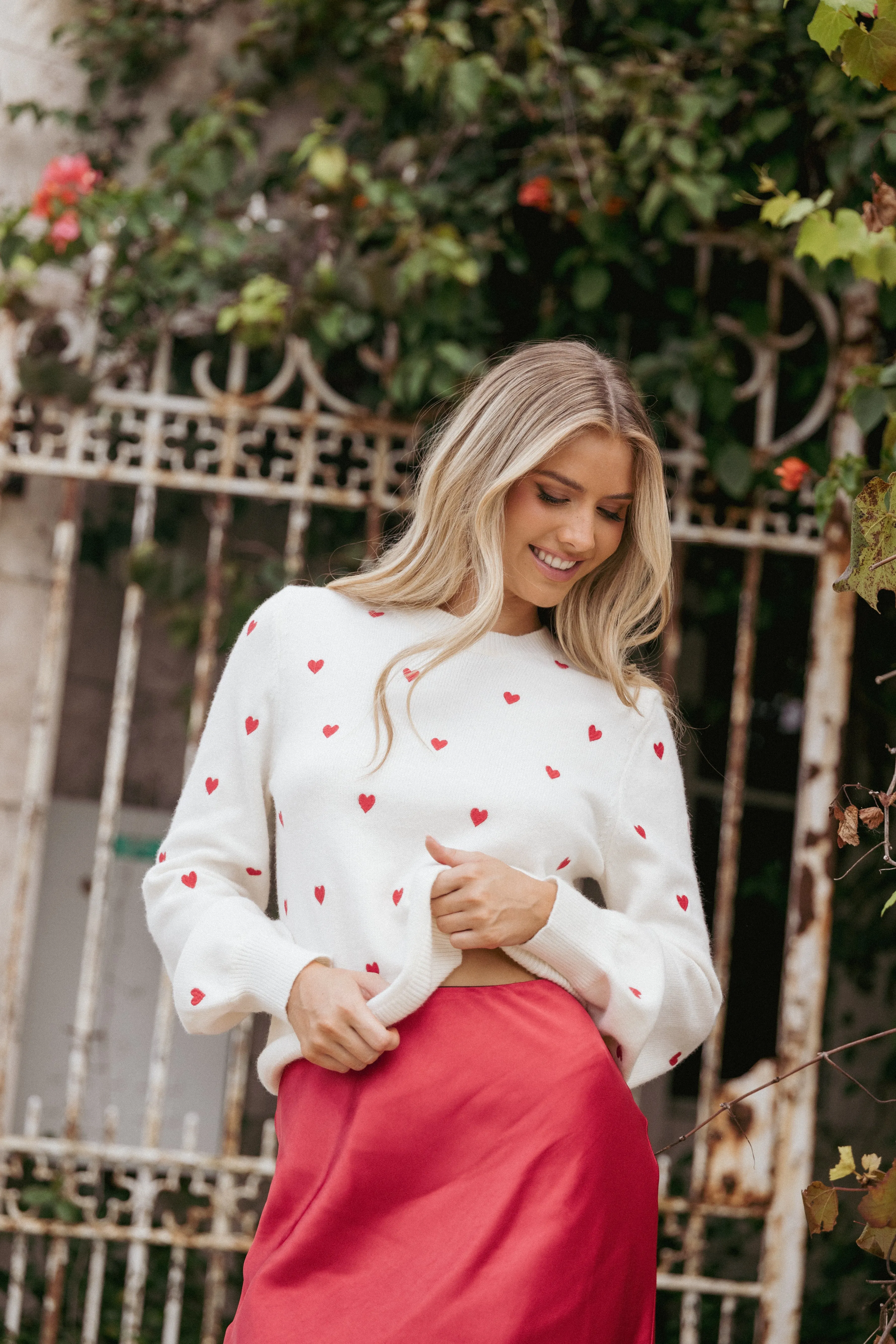 Xadie All Over Mini Heart Sweater - Cream/Red sold by Petal & Pup