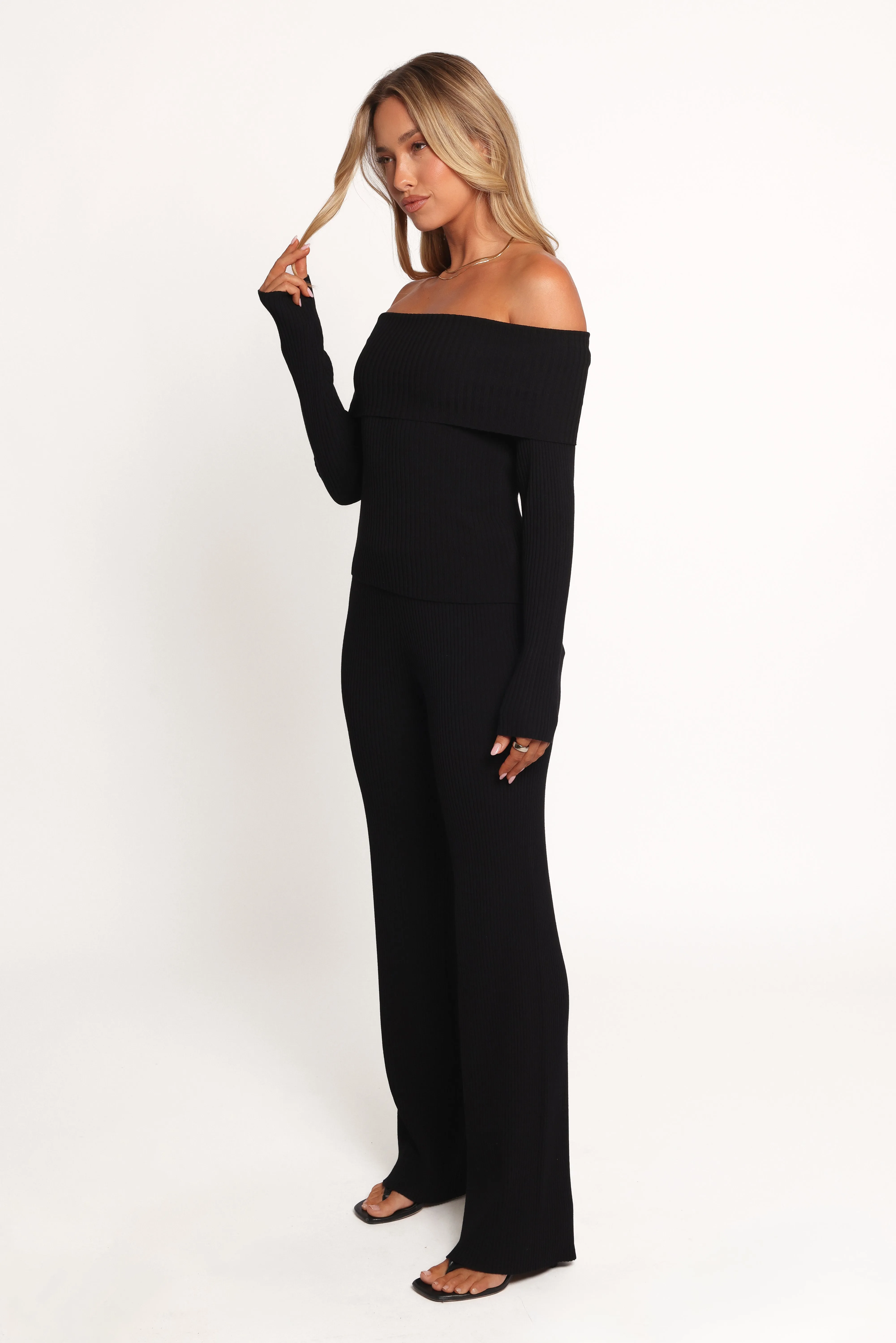 Gindie Ribbed Knit Off The Shoulder Pant Set - Black sold by Petal & Pup product image thumbnail 3