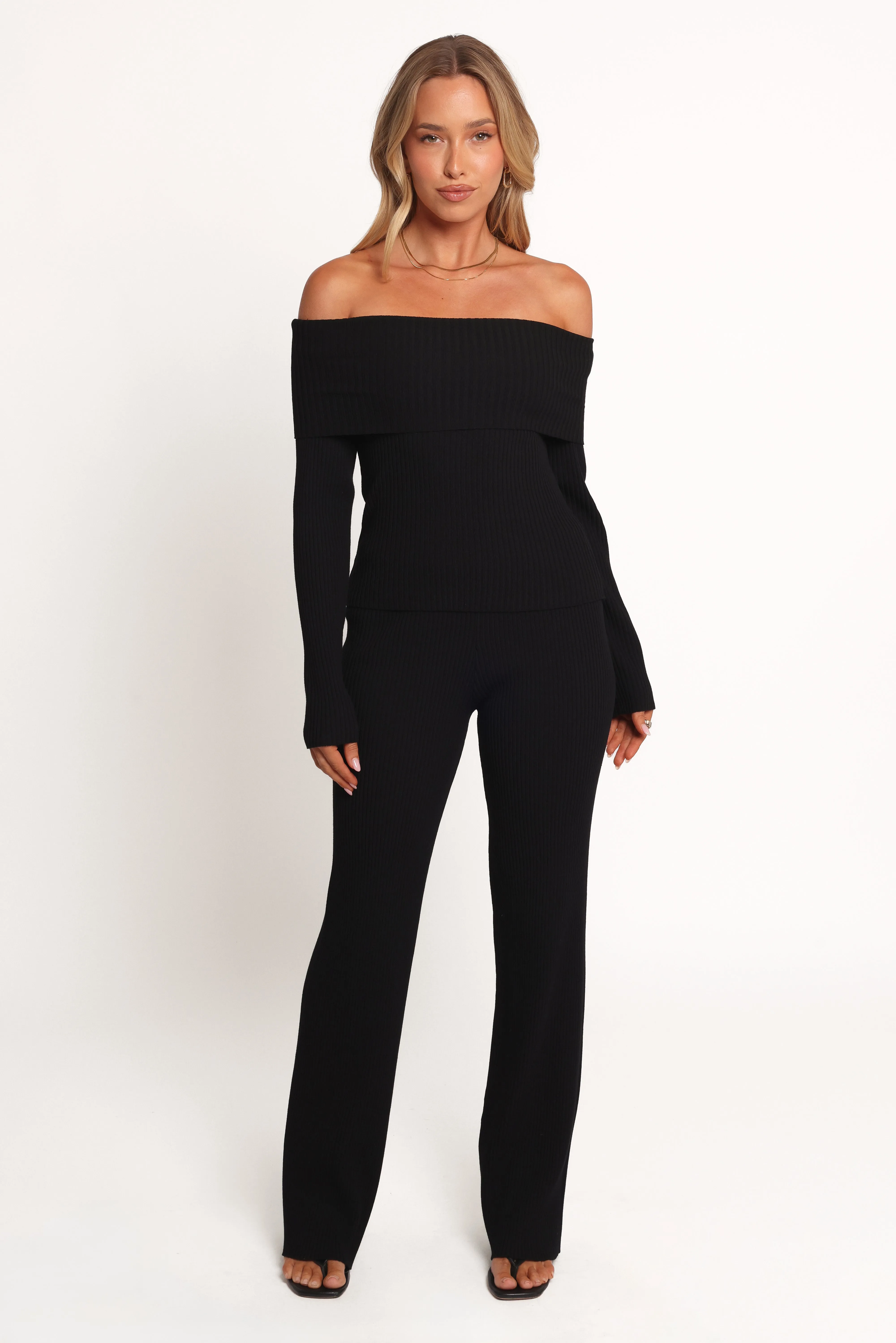 Gindie Ribbed Knit Off The Shoulder Pant Set - Black sold by Petal & Pup
