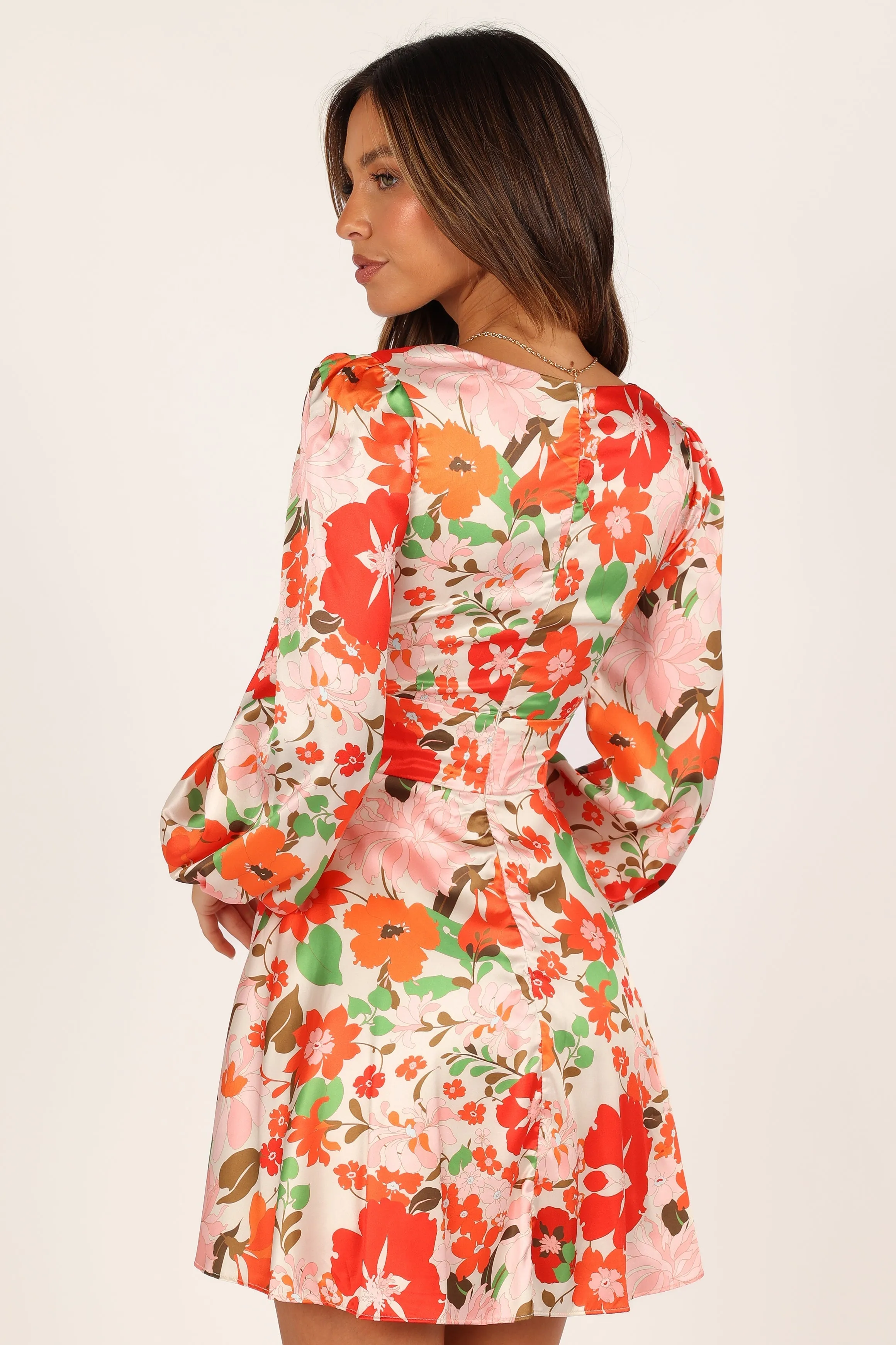 Tanaya Puff Sleeve Skater Skirt Mini Dress - Orange Floral sold by Petal & Pup product image thumbnail 4