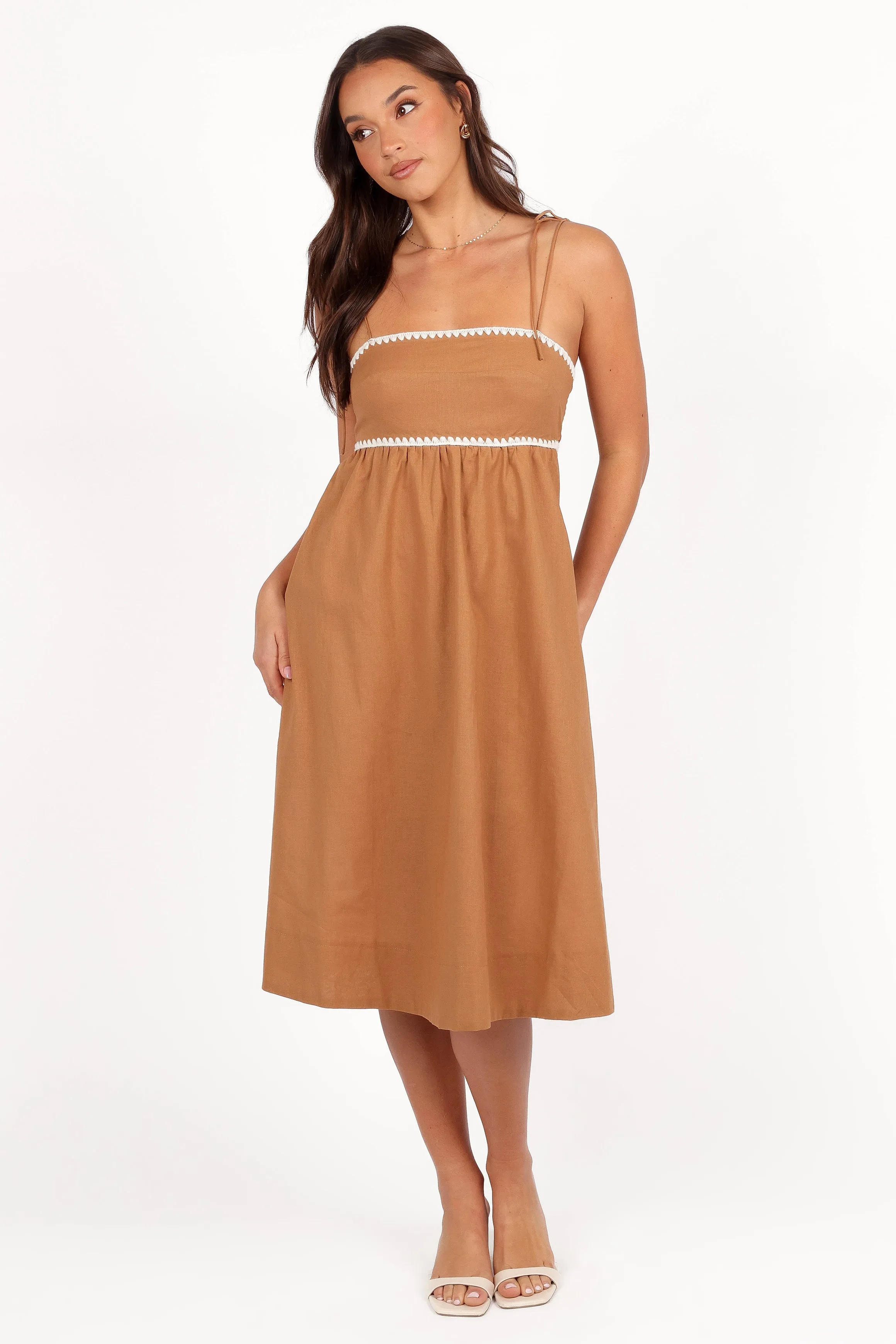 Lino Contrast Trim Midi Dress - Tan White sold by Petal & Pup product image thumbnail 3