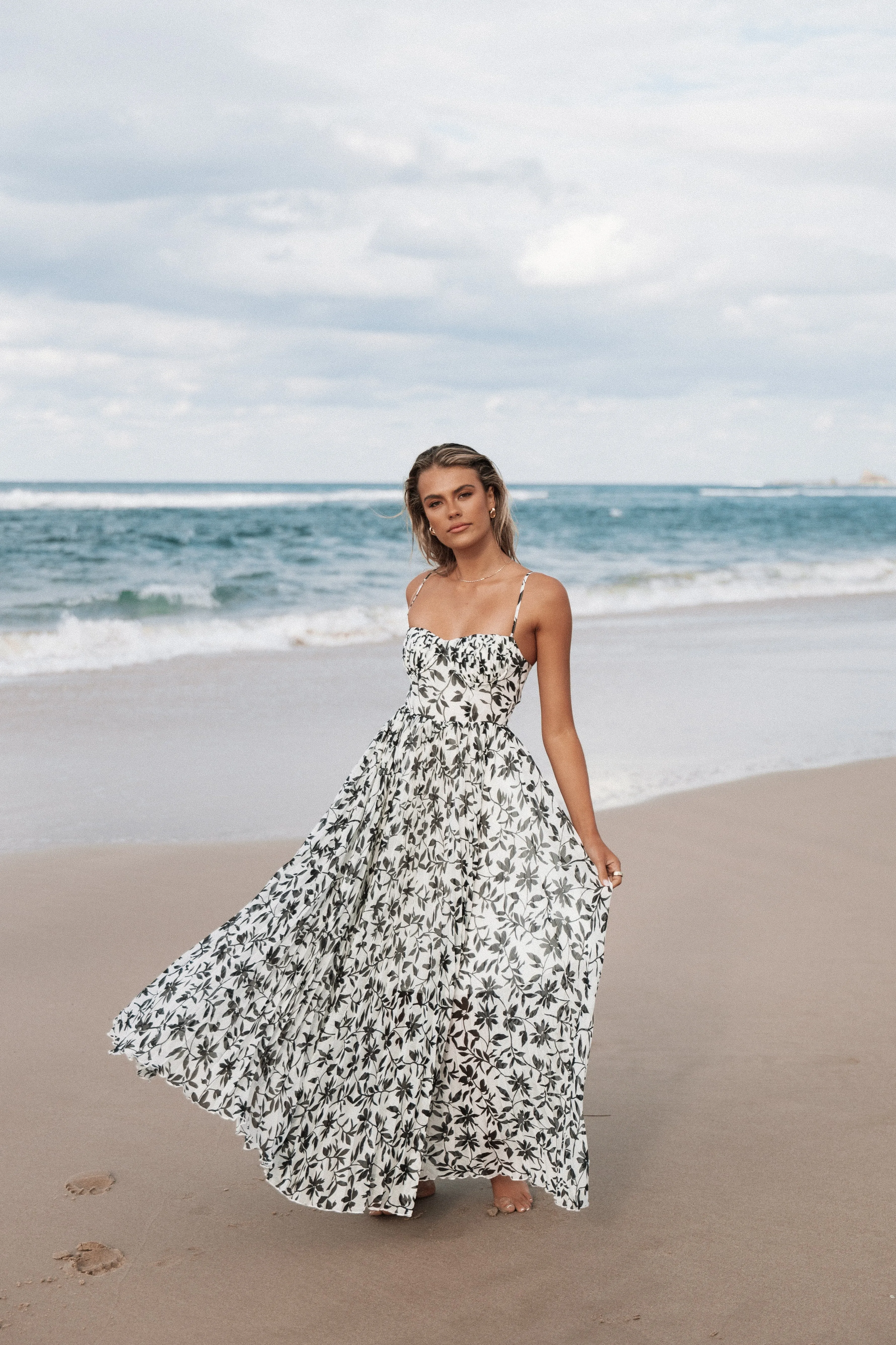 Achanti Pleated Maxi Dress - White Black Floral sold by Petal & Pup