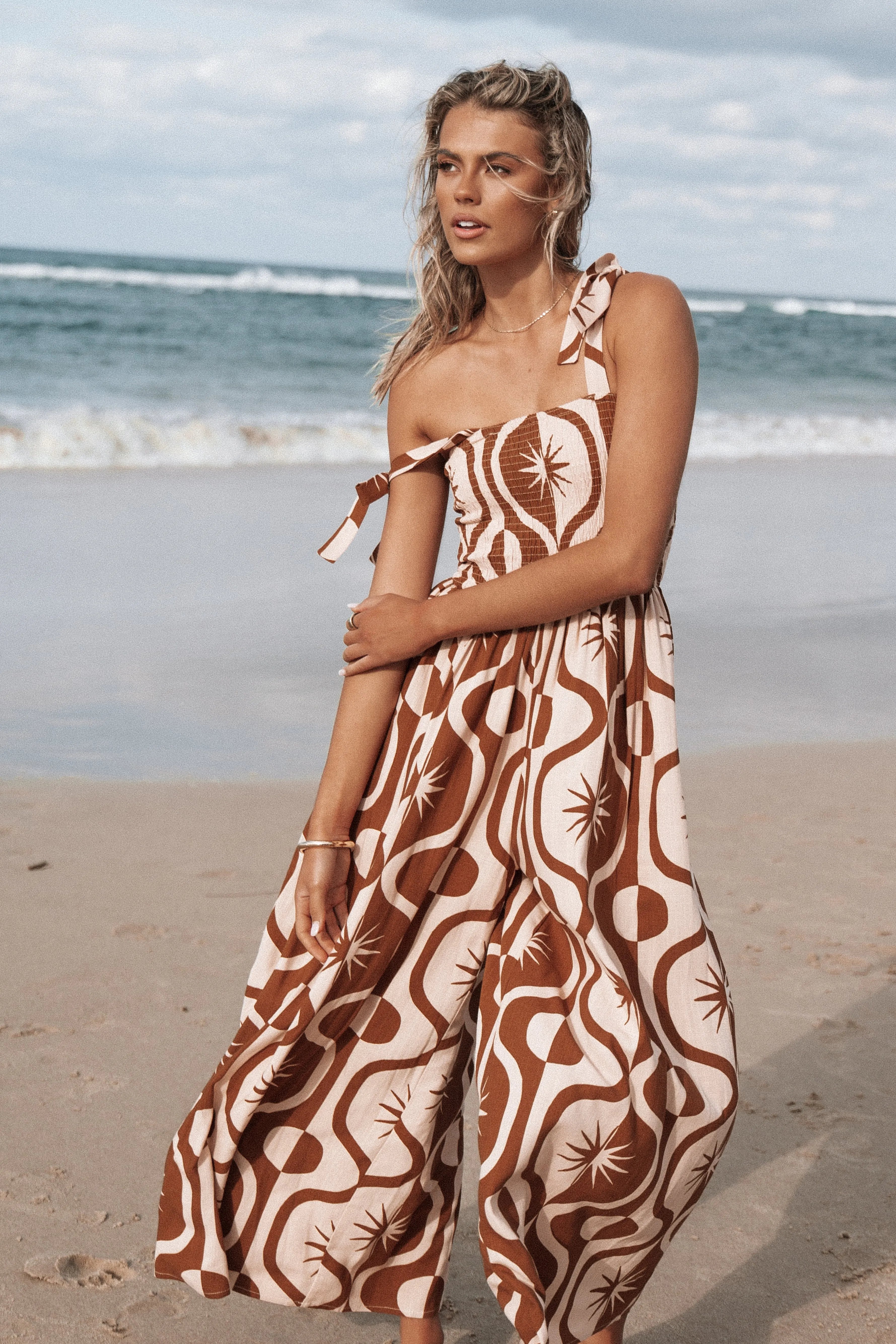 Ginelle Jumpsuit - Tan Print sold by Petal & Pup