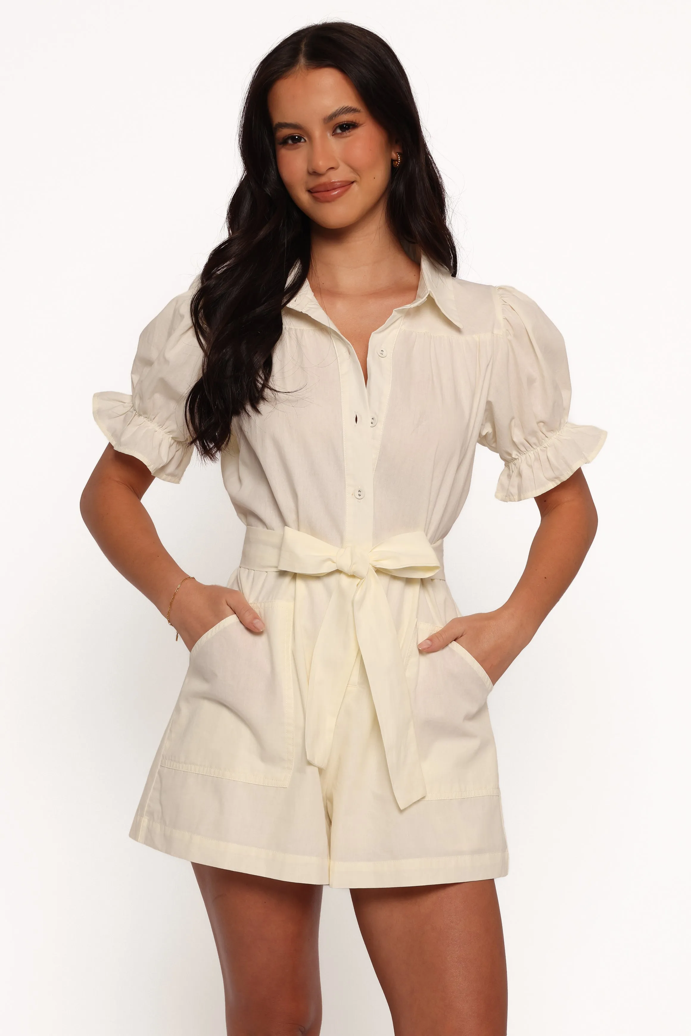 Riley Waist Tie Romper - Cream sold by Petal & Pup