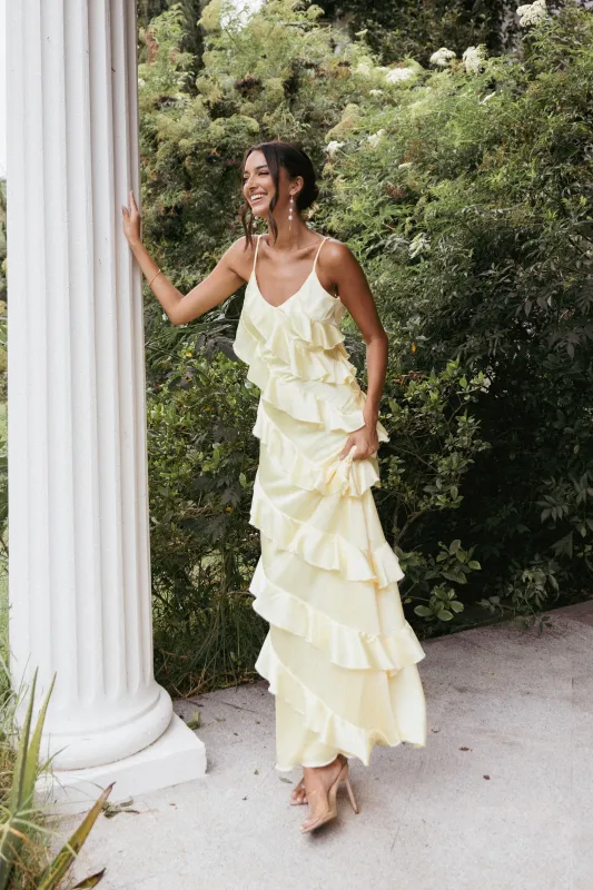 Ciao Ruffles Maxi Satin Dress - Pale Yellow sold by Petal & Pup