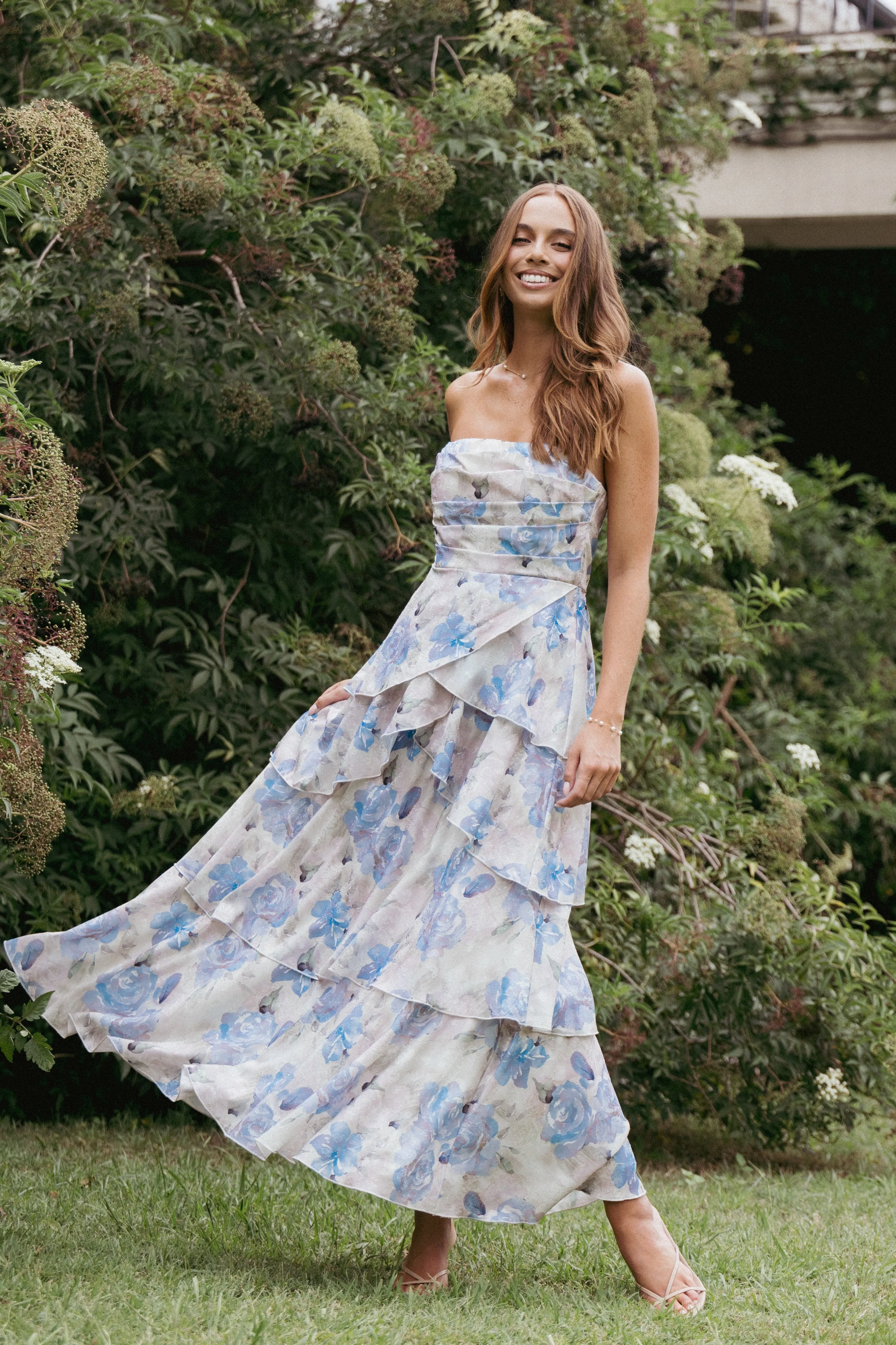 Admira Strapless Maxi Dress - Blue Floral sold by Petal & Pup