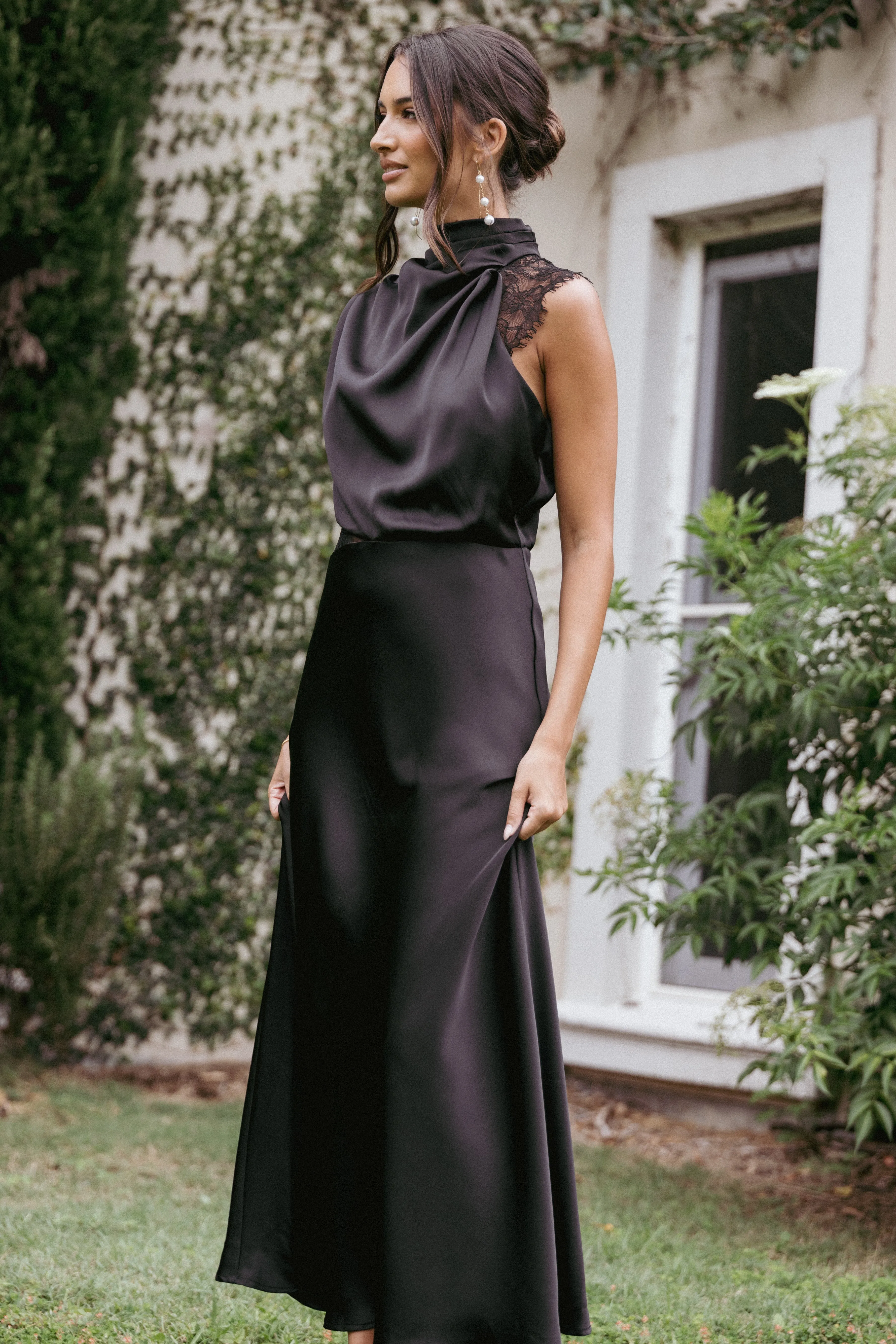 Anabelle Halter Neck Lace Maxi Dress - Black sold by Petal & Pup