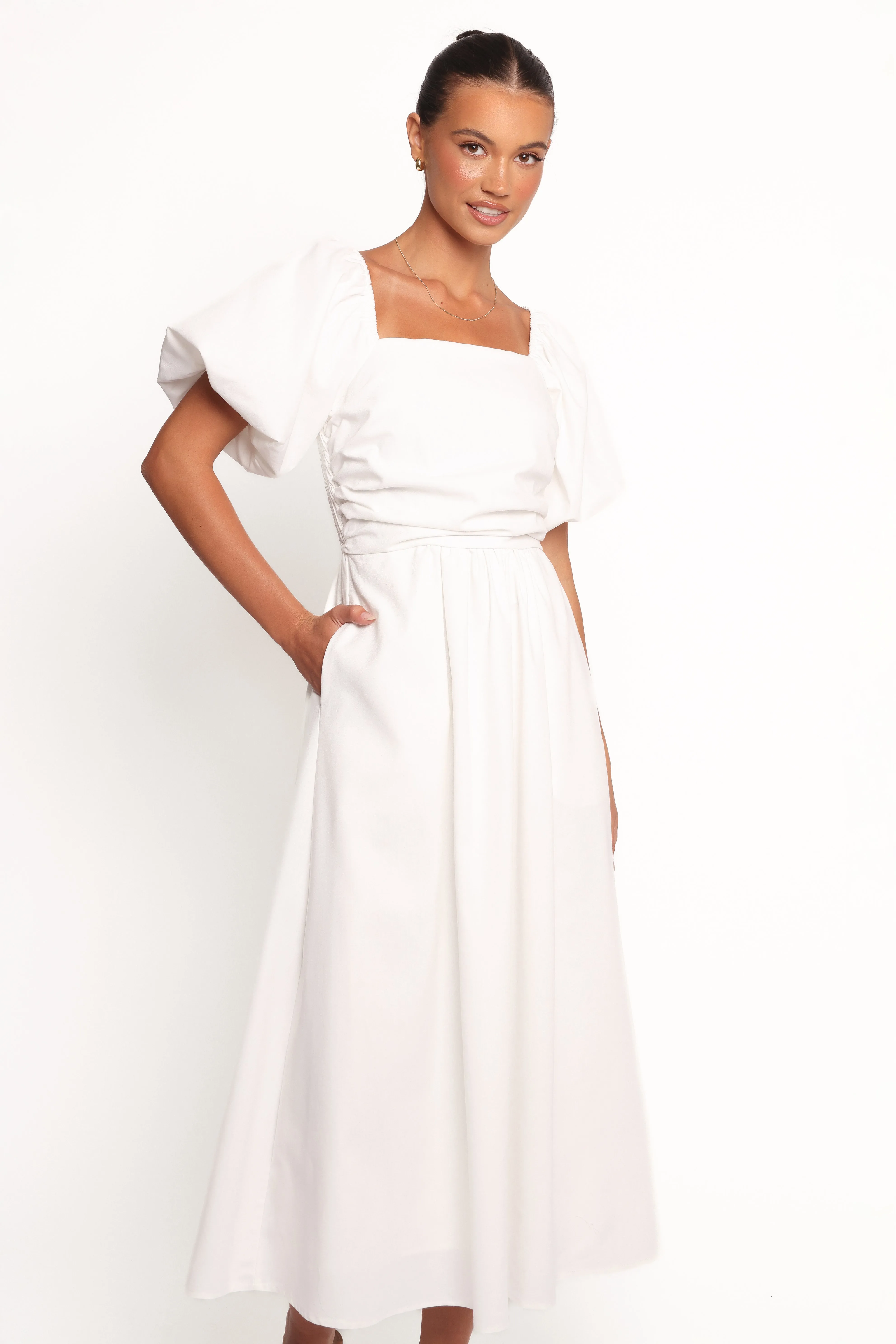 Clo Puff Sleeve Midi Dress - White sold by Petal & Pup
