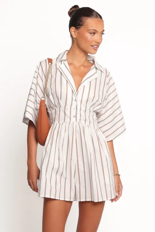Sonyalle Romper - Blue Brown Stripe sold by Petal & Pup