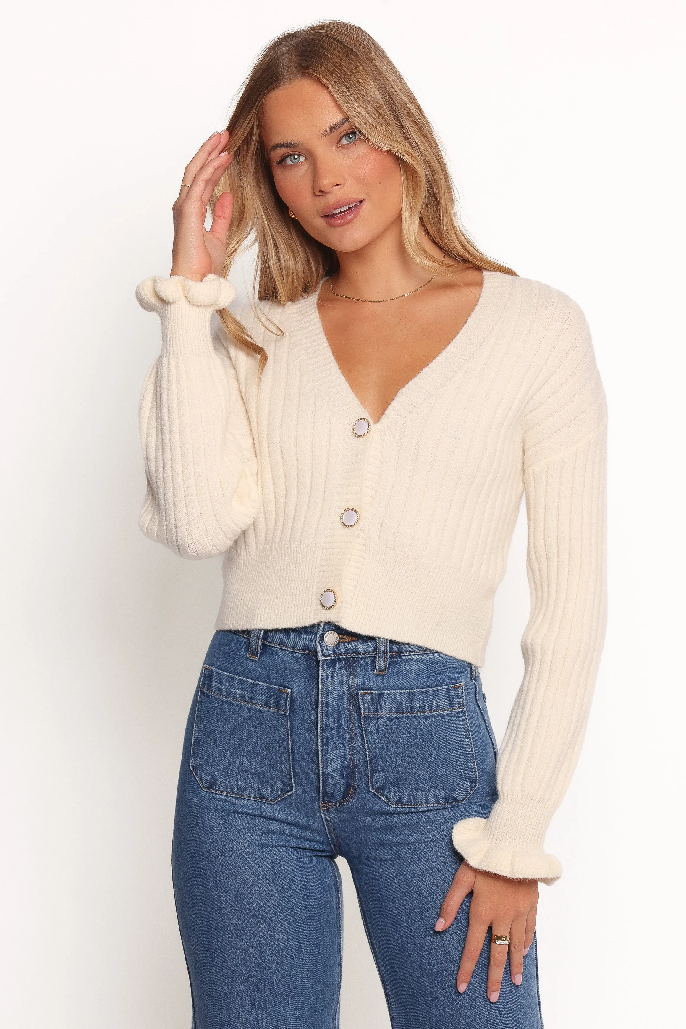 Zana Ribbed Ruffle Cuff Knit Sweater - Cream sold by Petal & Pup