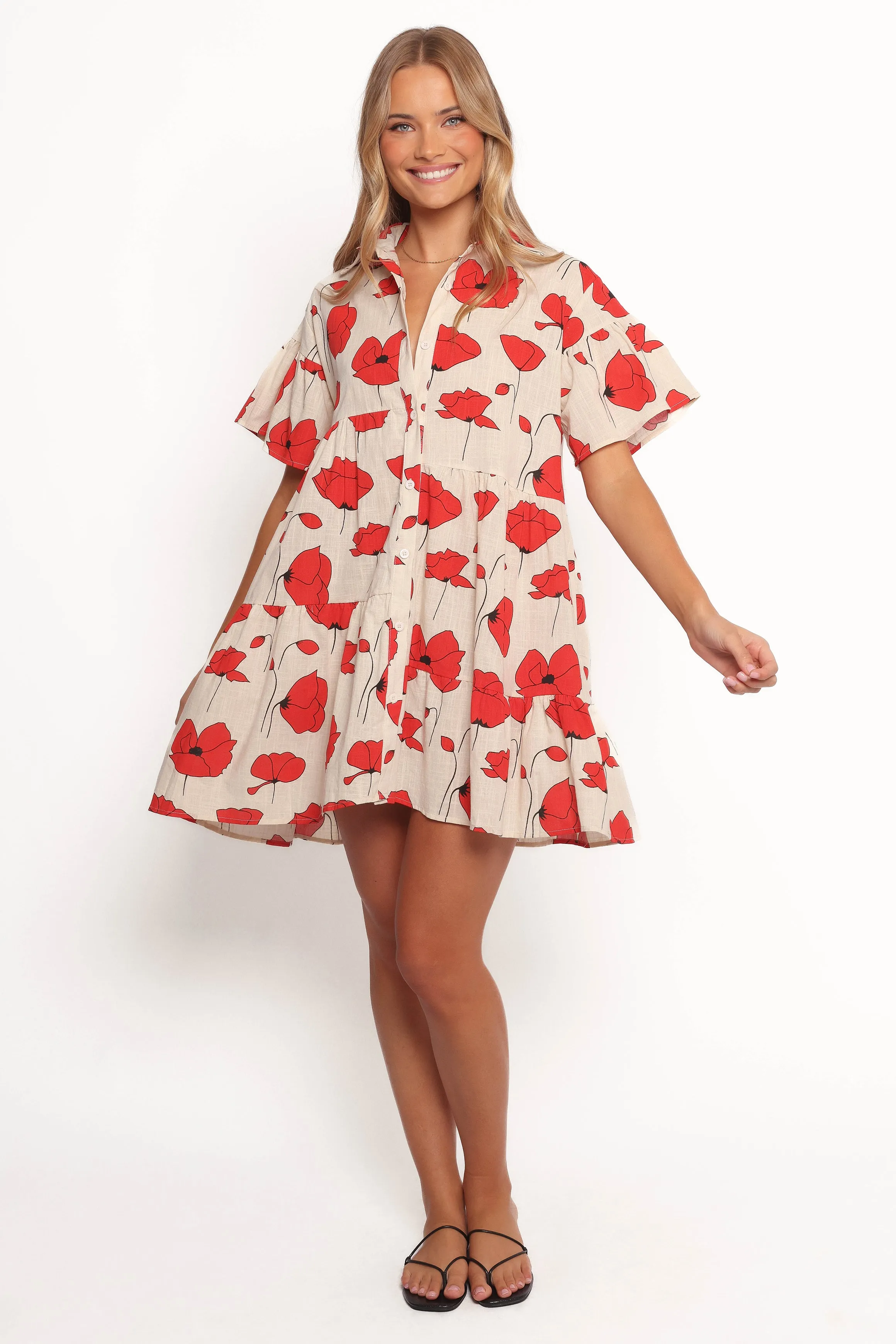 Peachy Mini Linen Dress - Red Poppy Print sold by Petal & Pup