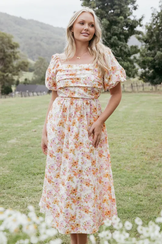 Clo Puff Sleeve Midi Dress - Peach Floral sold by Petal & Pup
