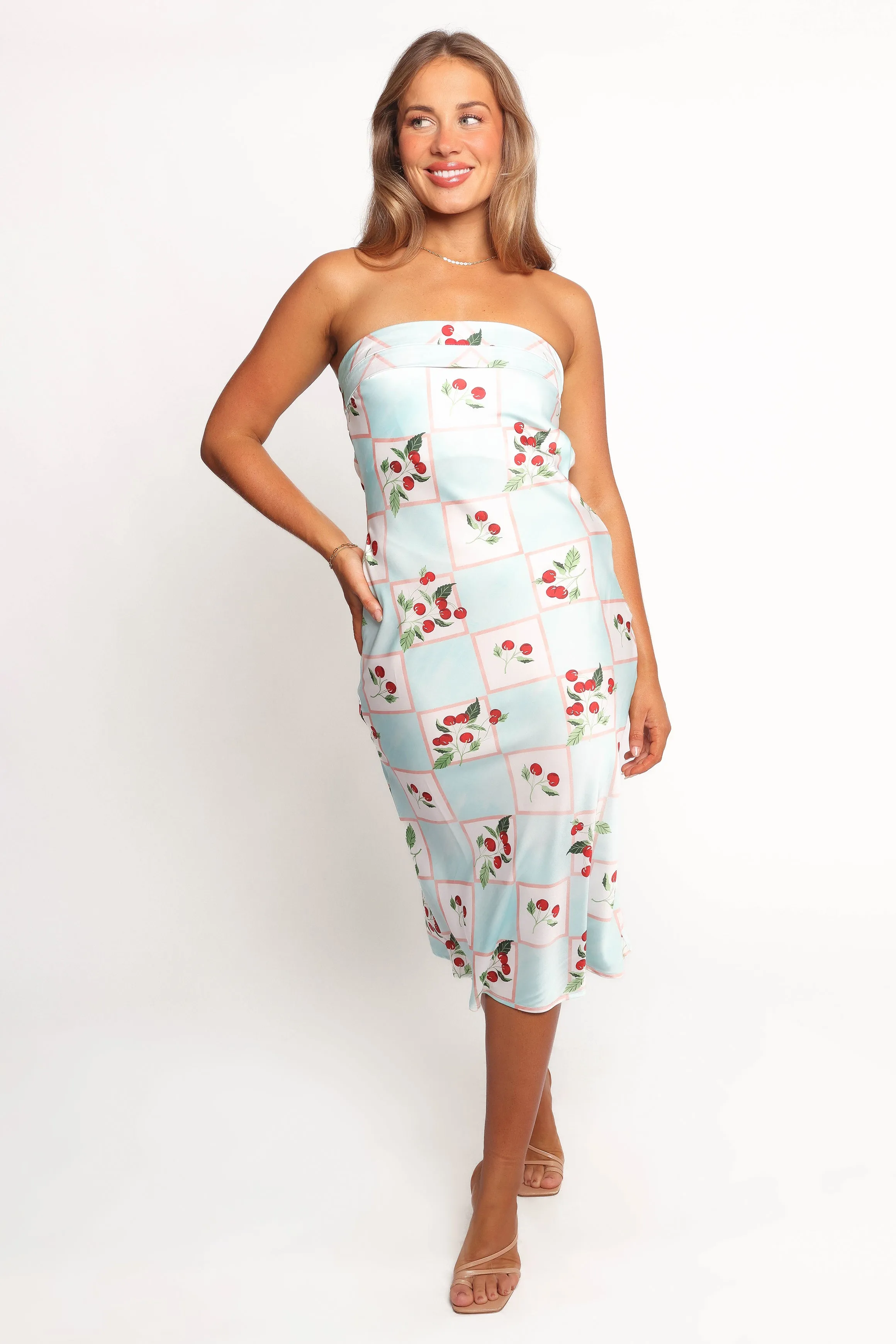 Benton Strapless Midi Dress - Cherry Print sold by Petal & Pup