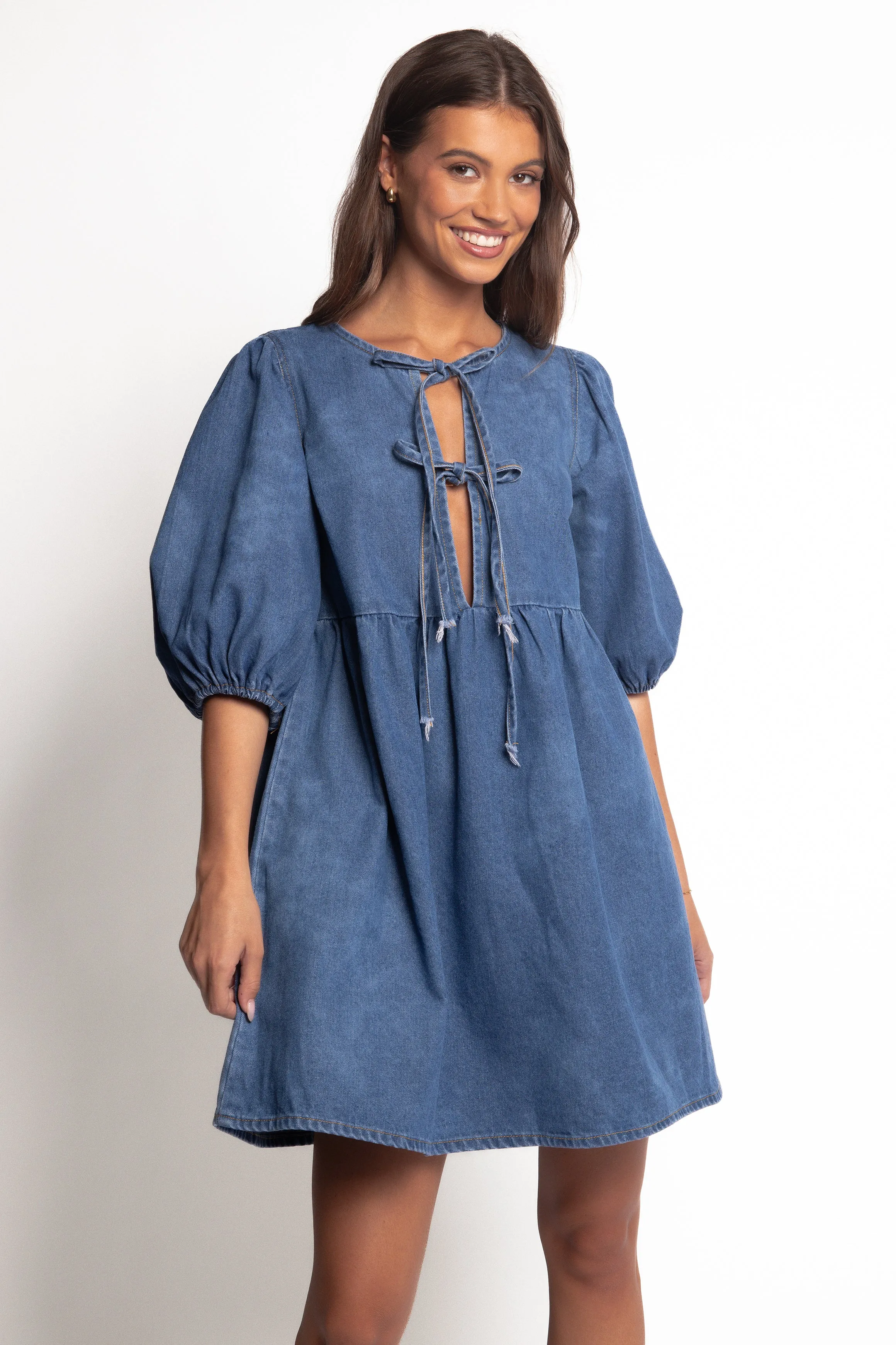 Romana Tie Front Mini Dress - Dark Denim sold by Petal & Pup product image thumbnail 2