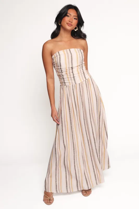 Jimena Strapless Maxi Dress - Brown Stripe made by Petal & Pup