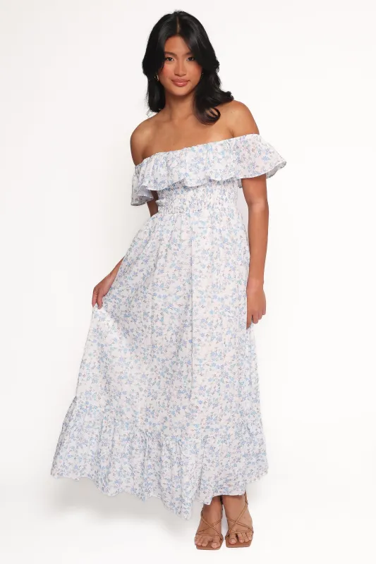 Priscilla Strapless Midi Dress - Blue Floral sold by Petal & Pup