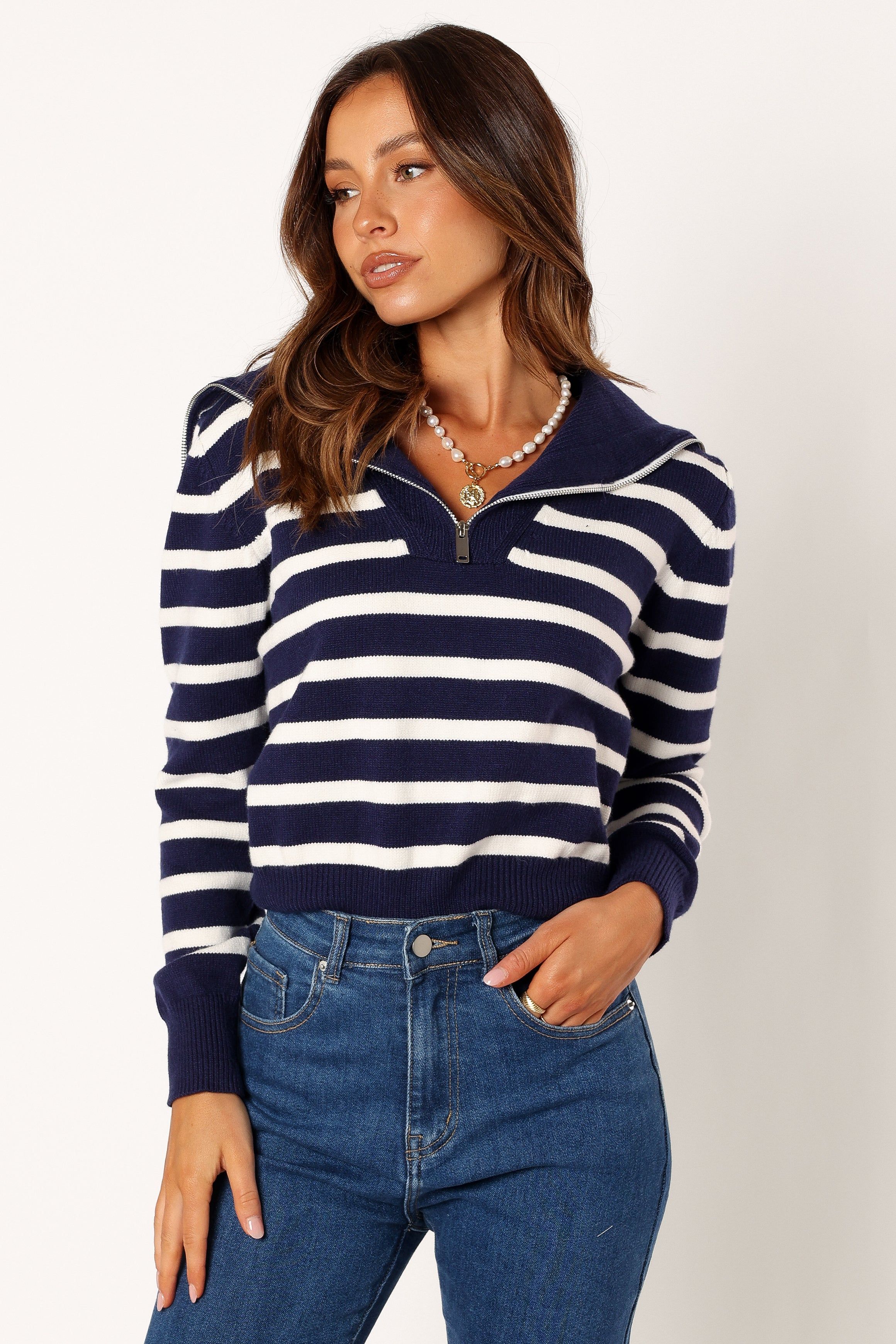 Guinevere Striped Quarter Zip - Navy White sold by Petal & Pup product image thumbnail 4