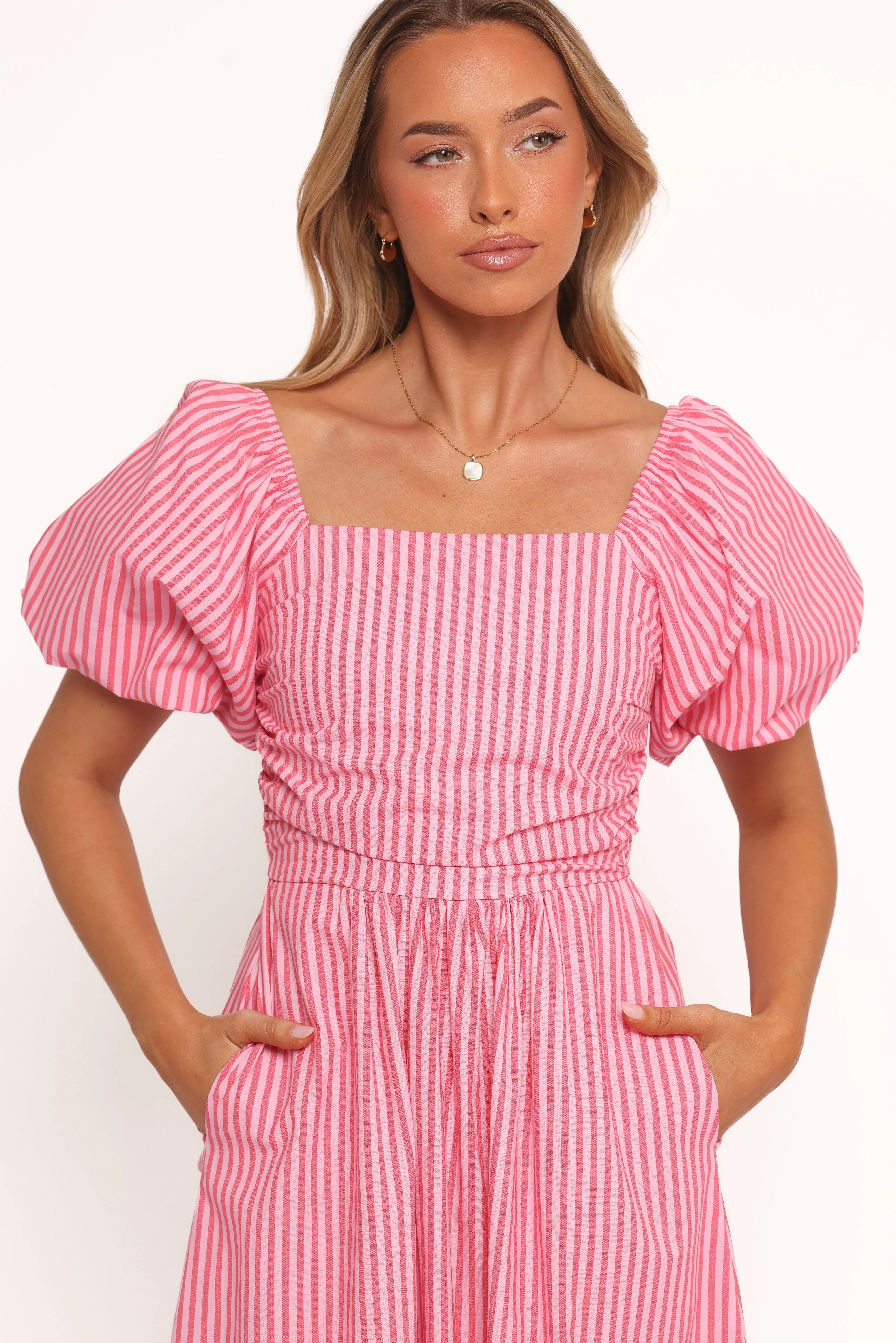 Chlo Puff Sleeve Midi Dress - Red Stripe sold by Petal & Pup product image thumbnail 3