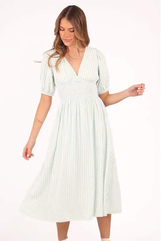 Ronnie Short Sleeve Midi Dress - Green Blue Stripe made by Petal & Pup