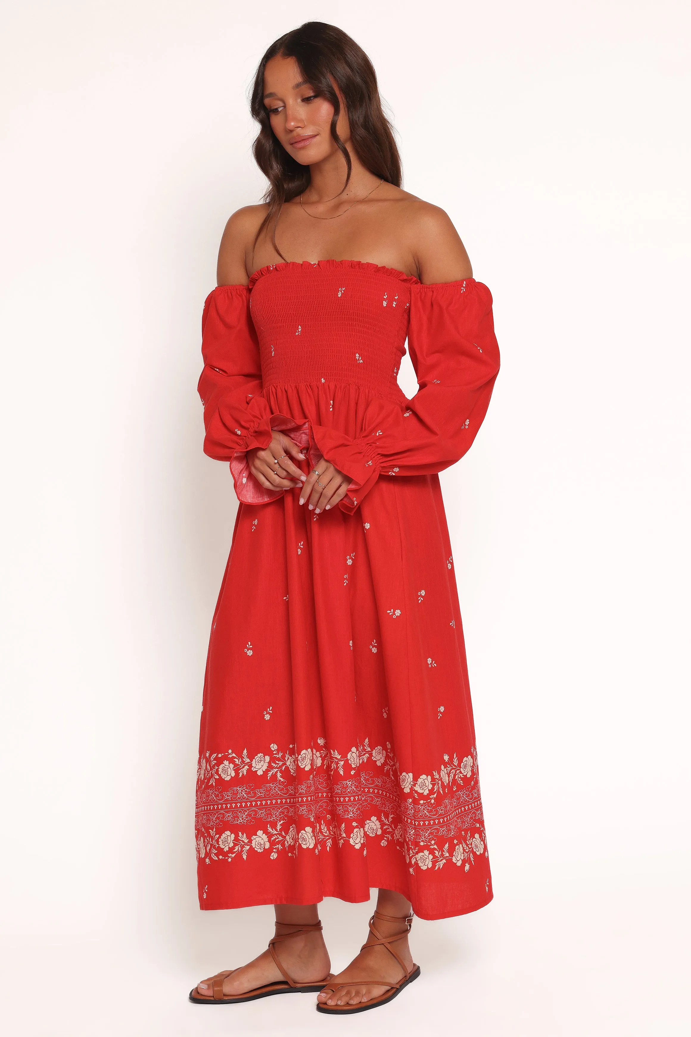 Domenica Shirred Long Sleeve Midi Dress - Red Floral Bandana sold by Petal & Pup product image thumbnail 4