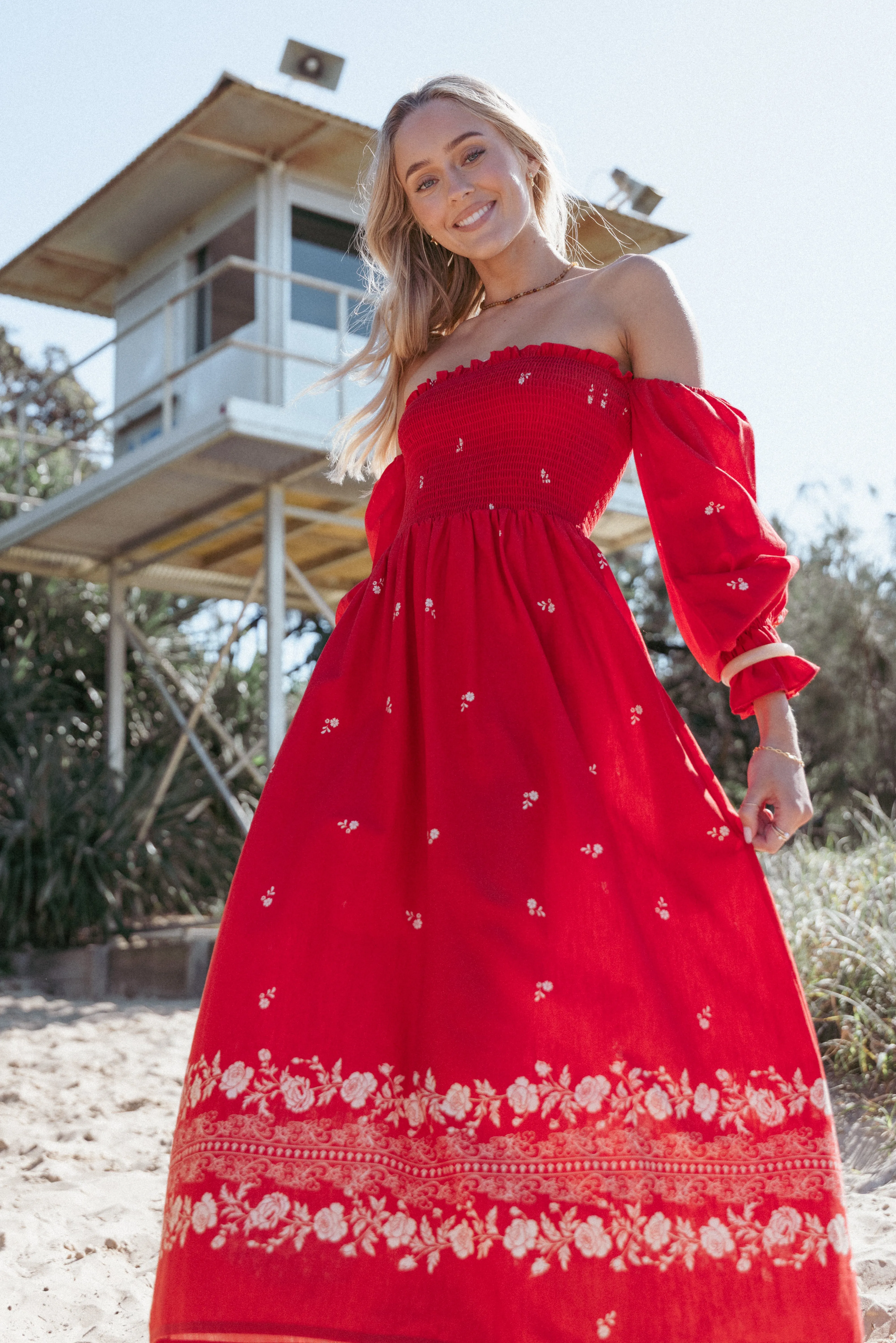 Domenica Shirred Long Sleeve Midi Dress - Red Floral Bandana sold by Petal & Pup