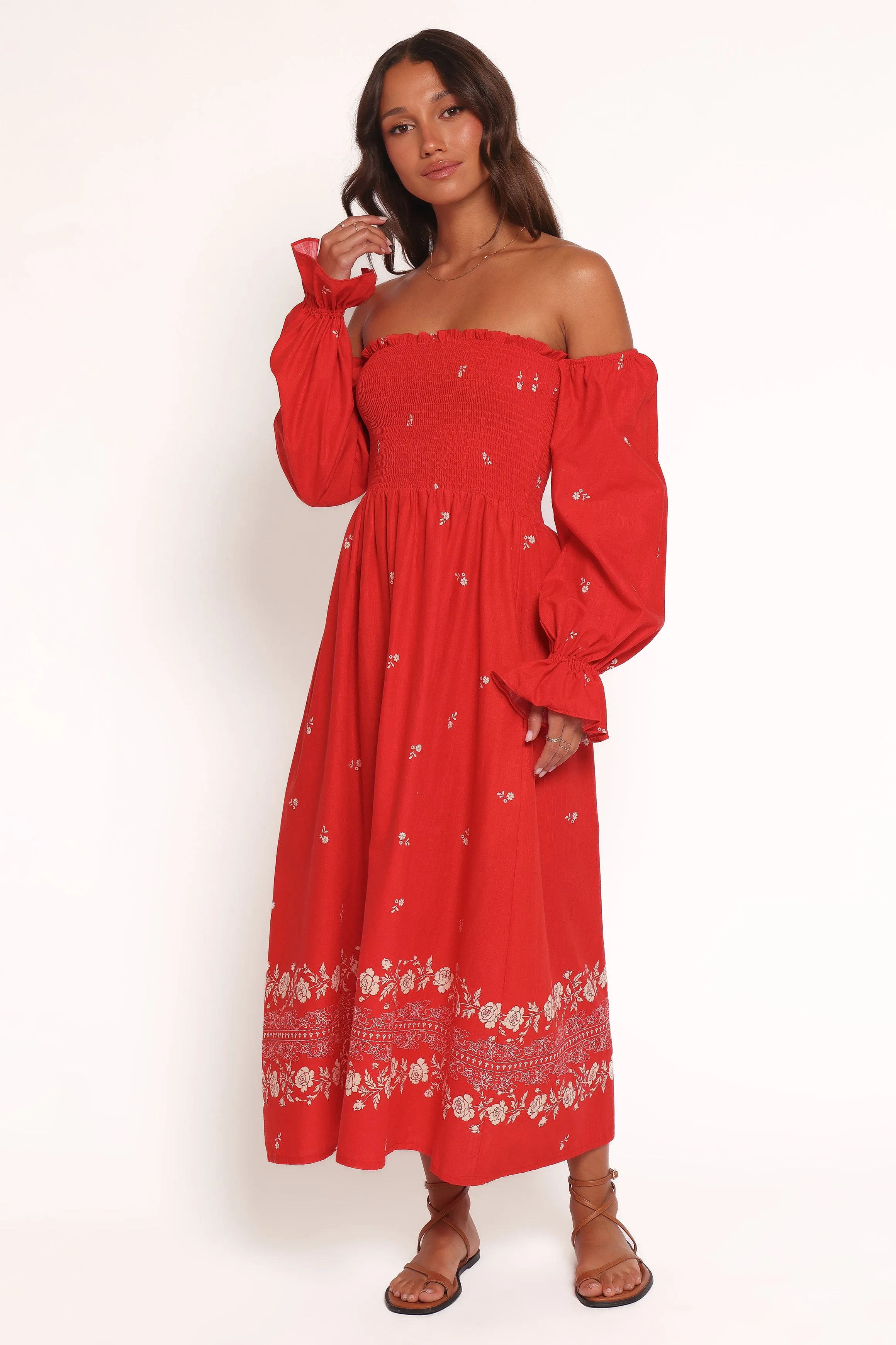 Domenica Shirred Long Sleeve Midi Dress - Red Floral Bandana sold by Petal & Pup product image thumbnail 2