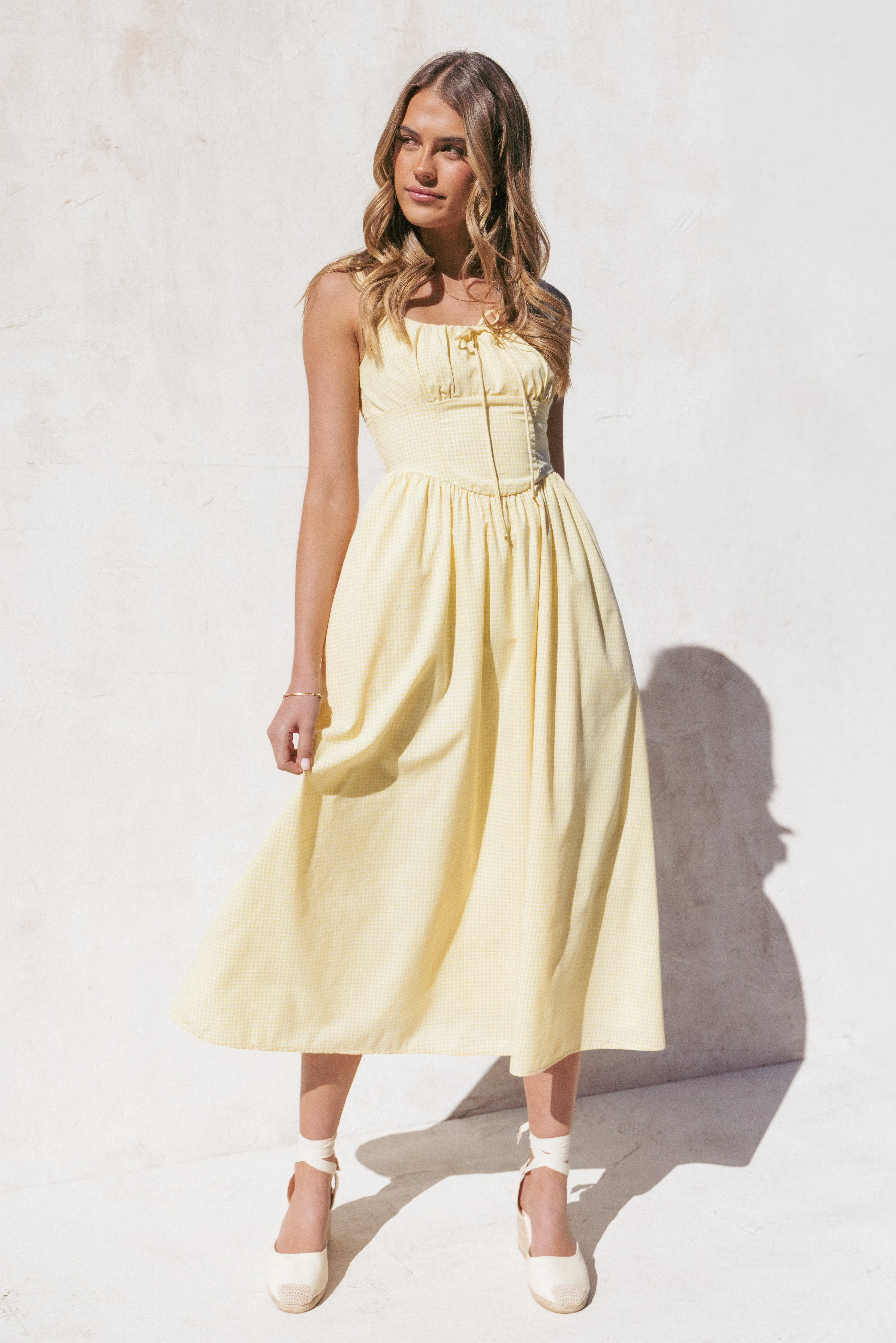 Kinslee Midi Dress - Yellow Gingham sold by Petal & Pup