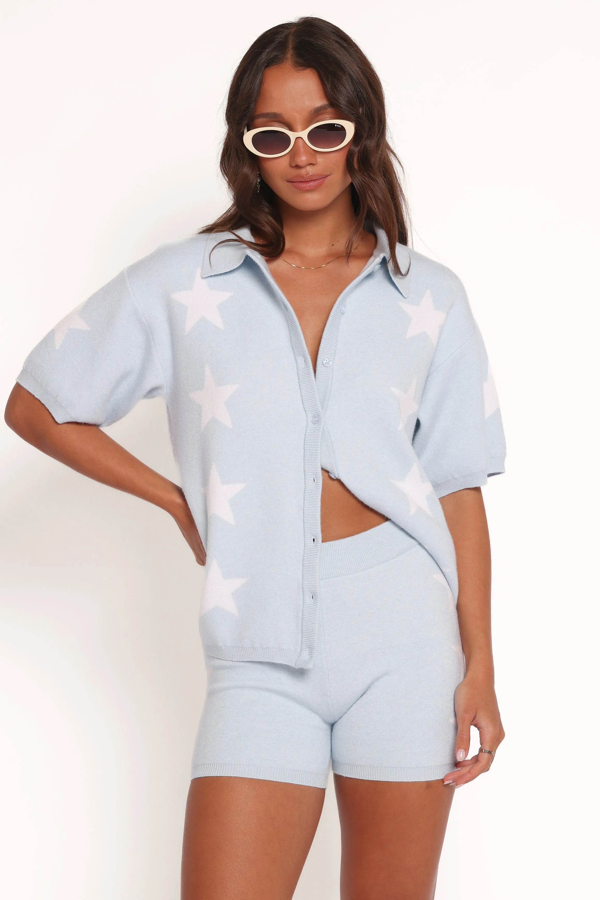 Lela Knitted Shirt - Light Blue Stars sold by Petal & Pup