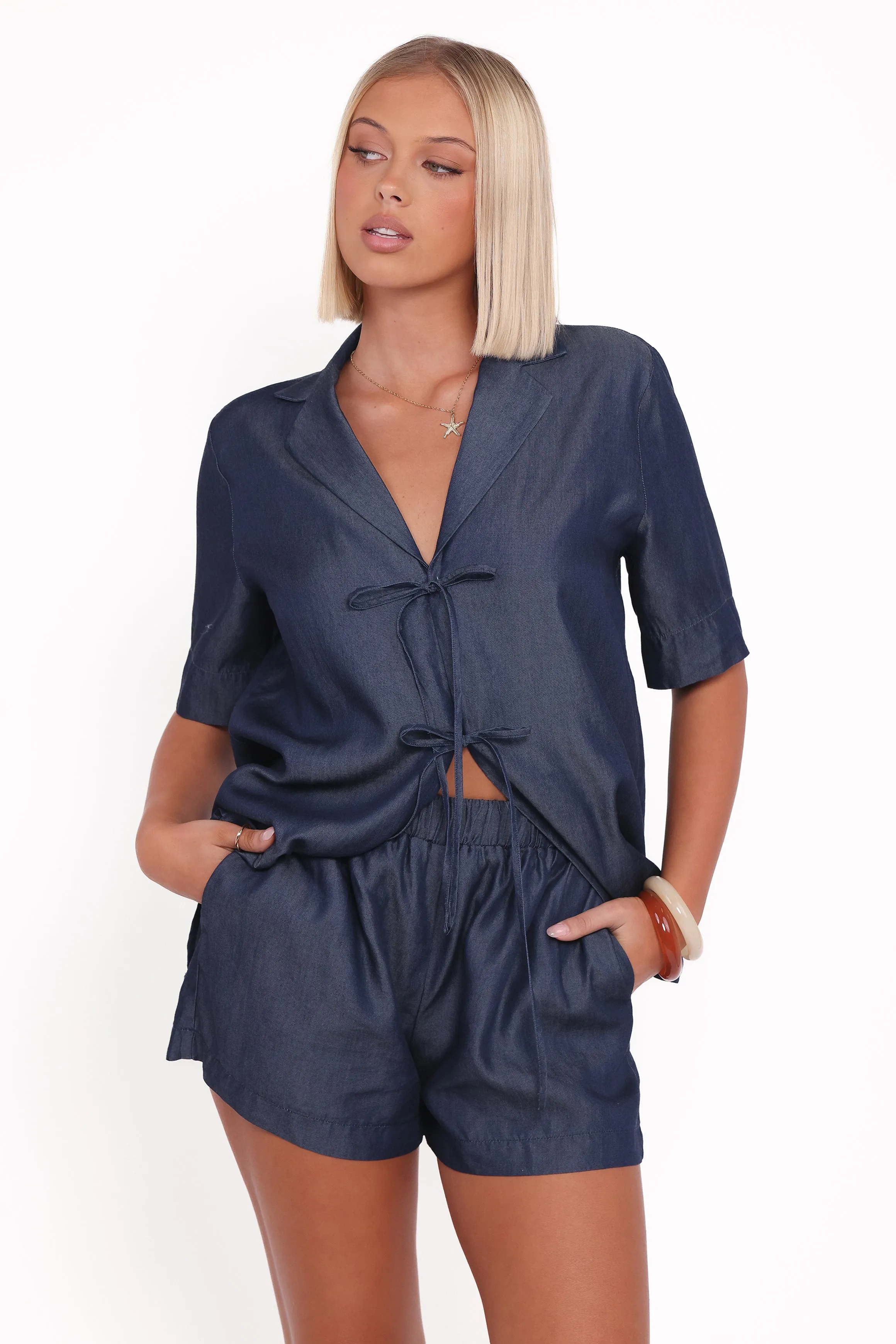 Aaliyah Chambray Shorts - Dark Wash sold by Petal & Pup product image thumbnail 4