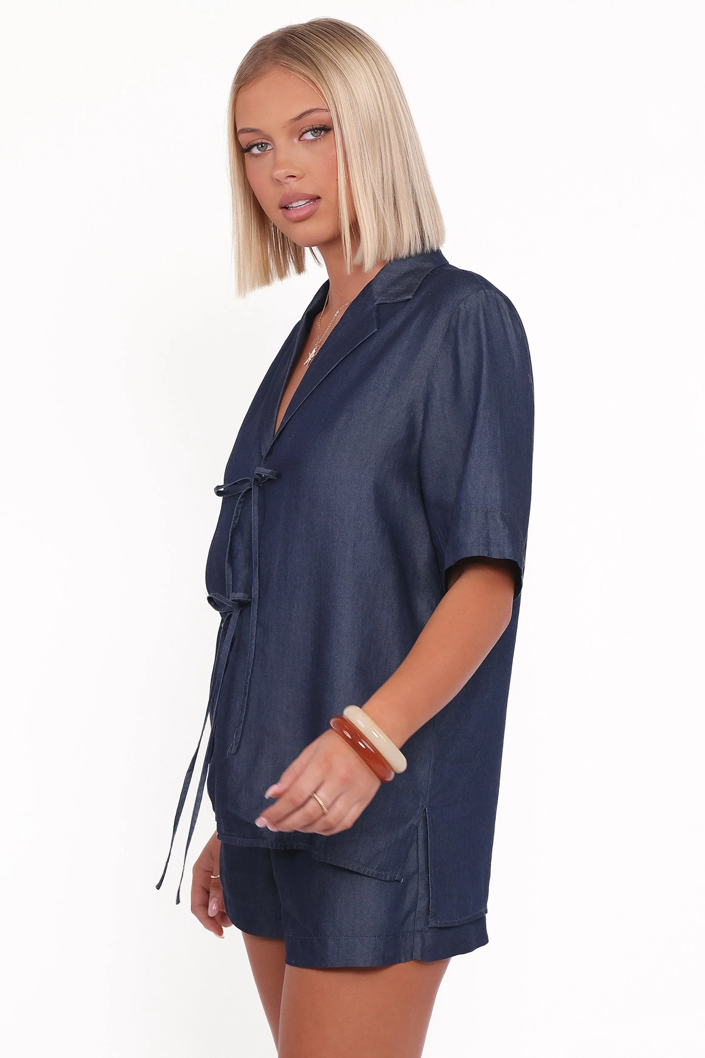 Aaliyah Chambray Tie Front Top - Dark Wash sold by Petal & Pup product image thumbnail 4