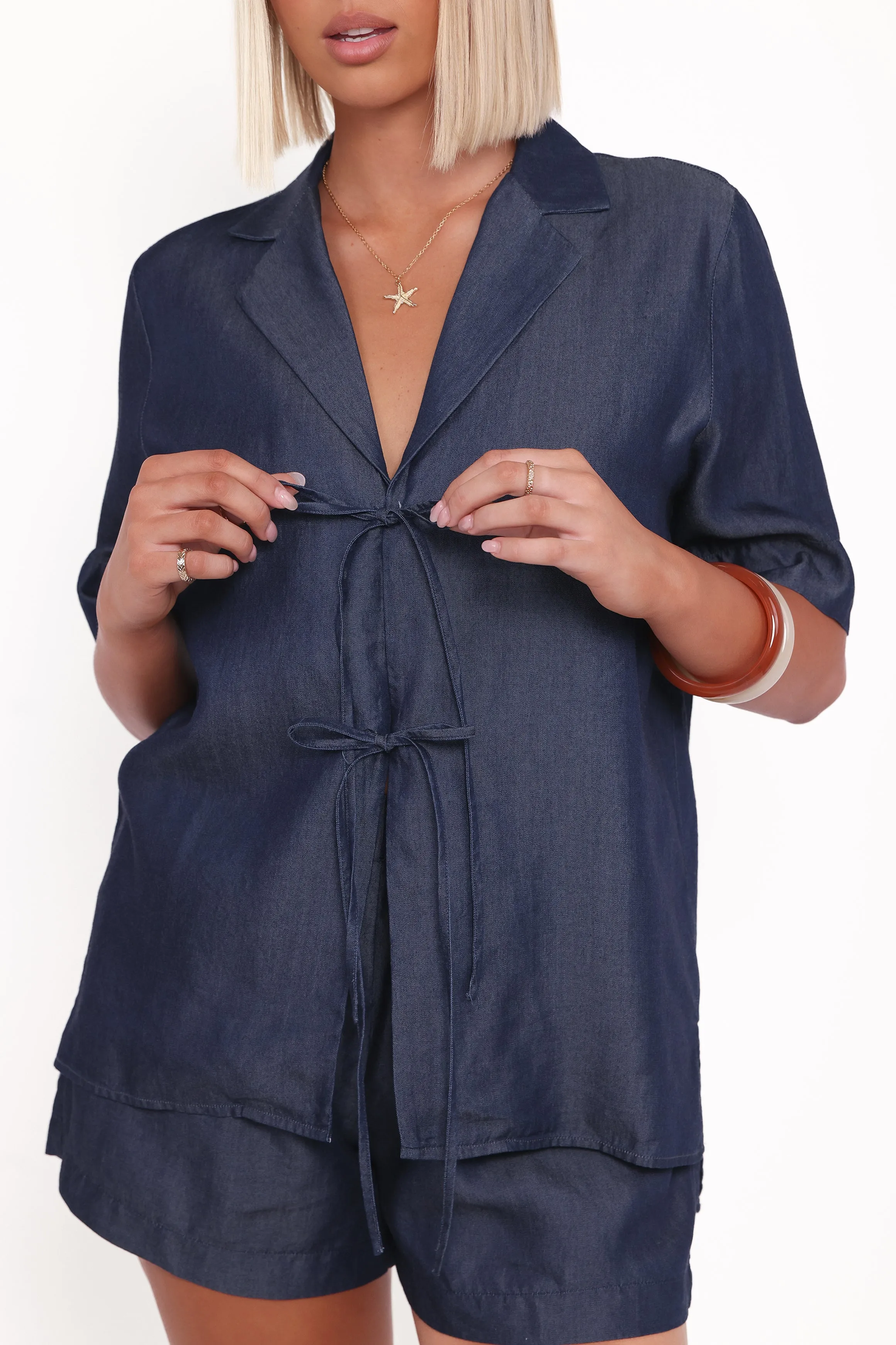 Aaliyah Chambray Tie Front Top - Dark Wash sold by Petal & Pup product image thumbnail 3