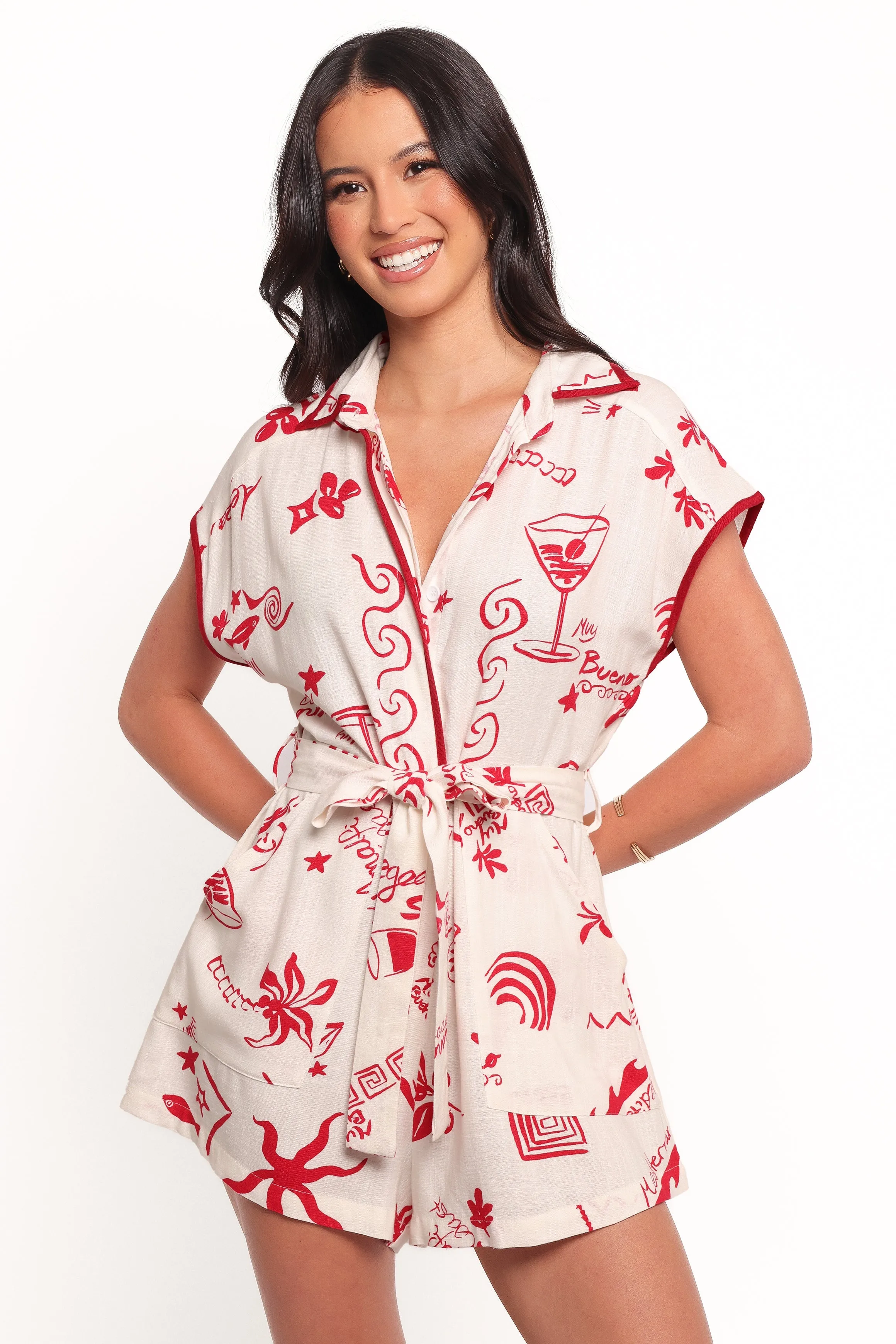 Kensie Tie Waist Romper - Red sold by Petal & Pup product image thumbnail 3