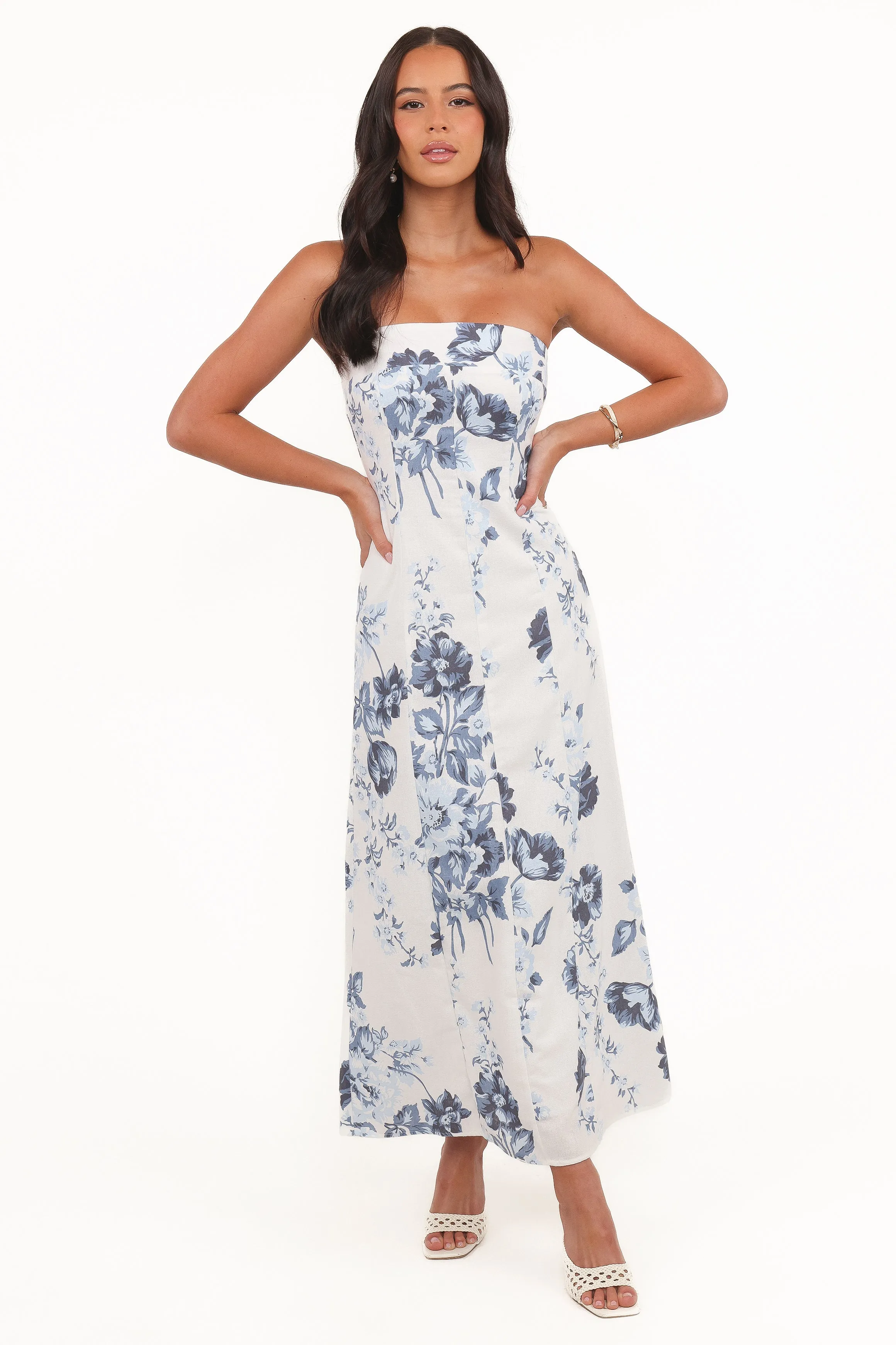Tamira Strapless Midi Dress - Blue Floral sold by Petal & Pup