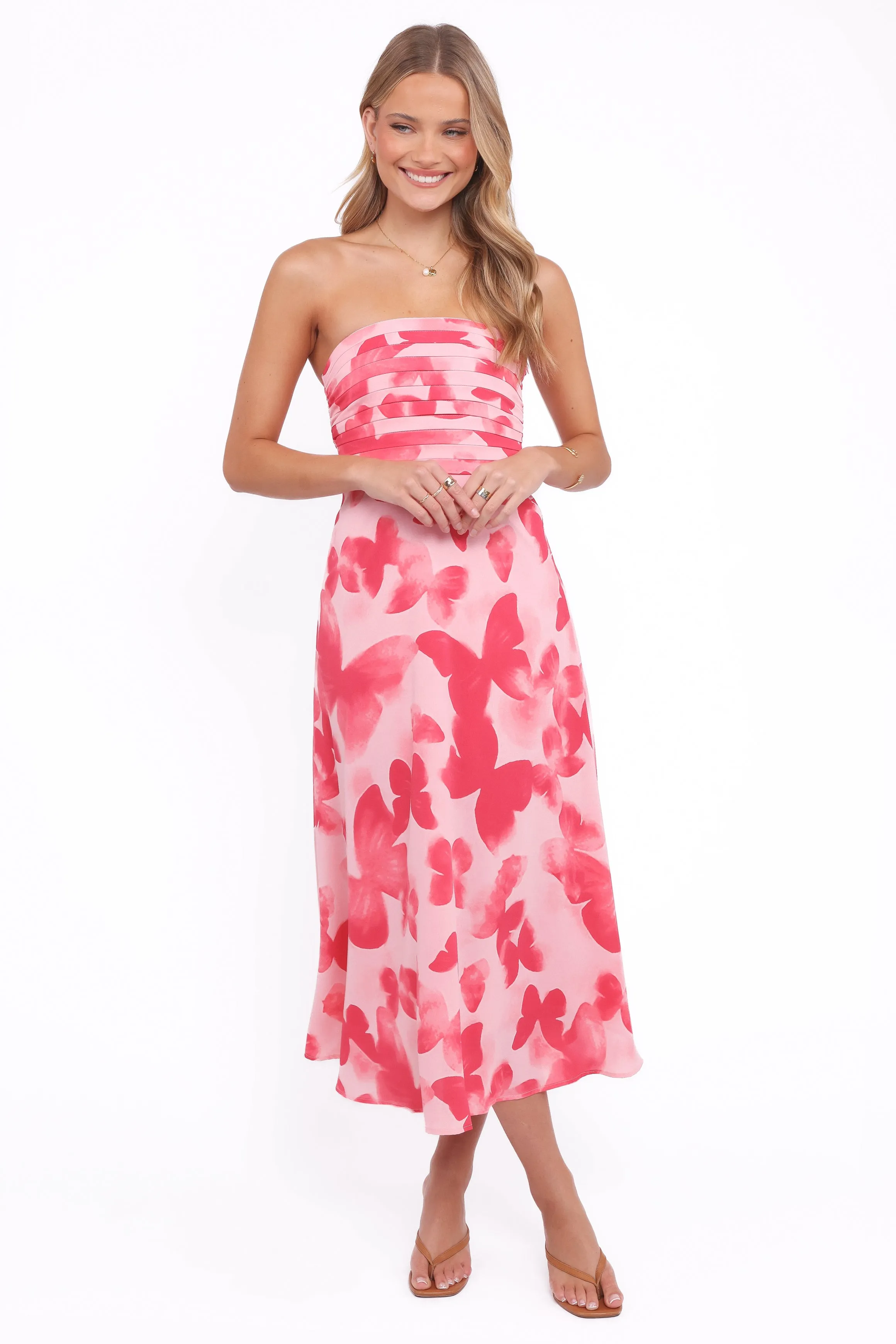 Kenna Strapless Midi Dress - Butterfly Print sold by Petal & Pup