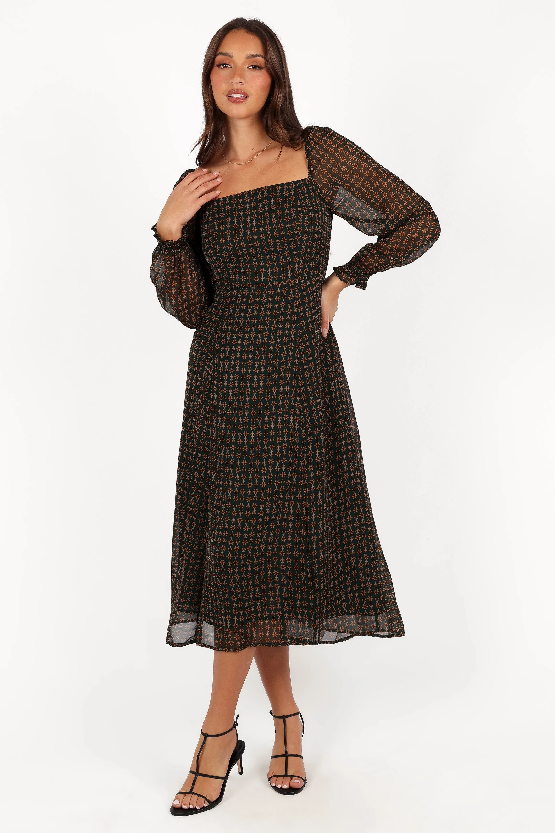 Ettie Long Sleeve Midi Dress - Pine/Tan sold by Petal & Pup