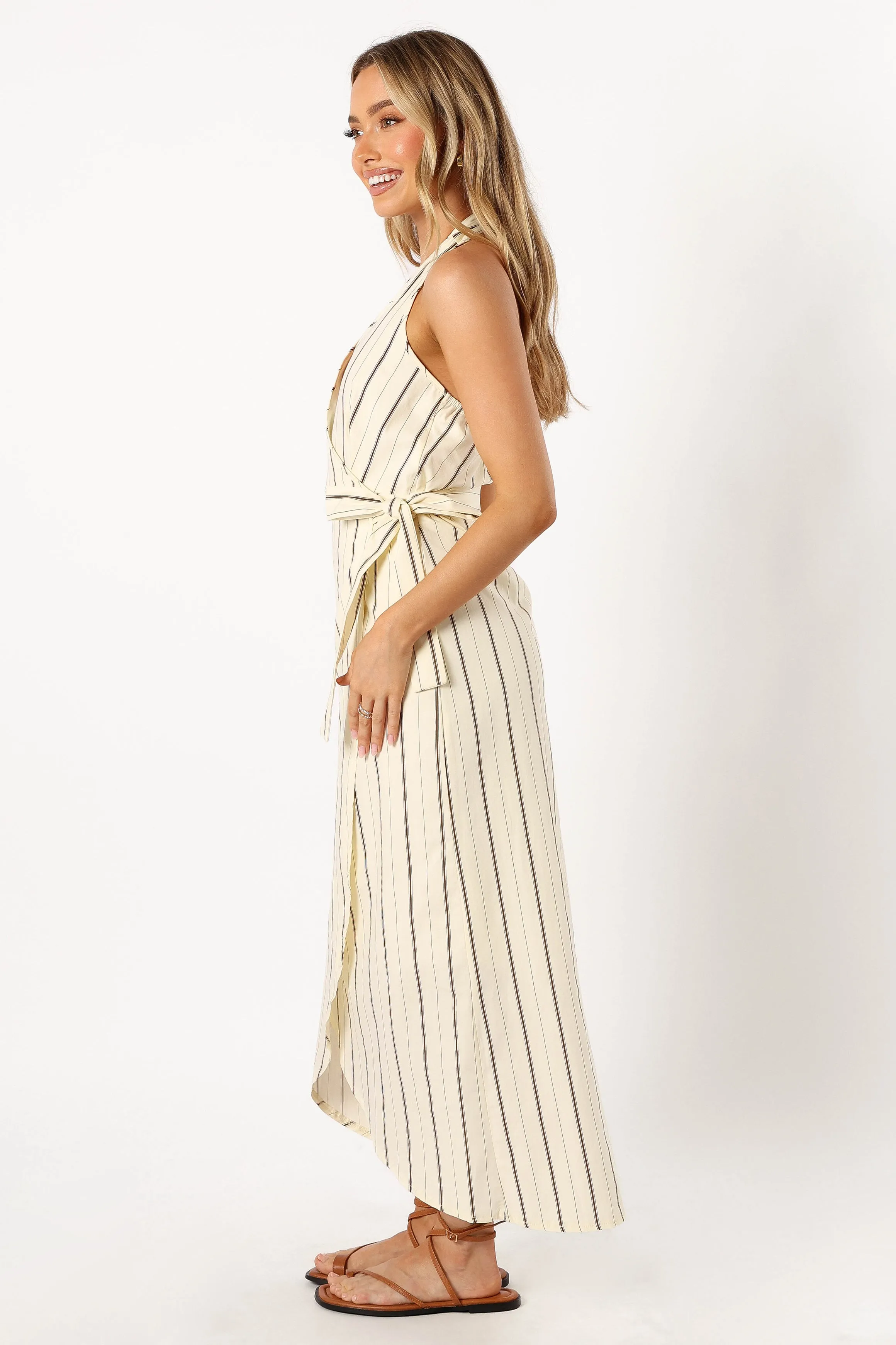 Abigail Wrap Midi Dress - Beige Stripe sold by Petal & Pup product image thumbnail 3