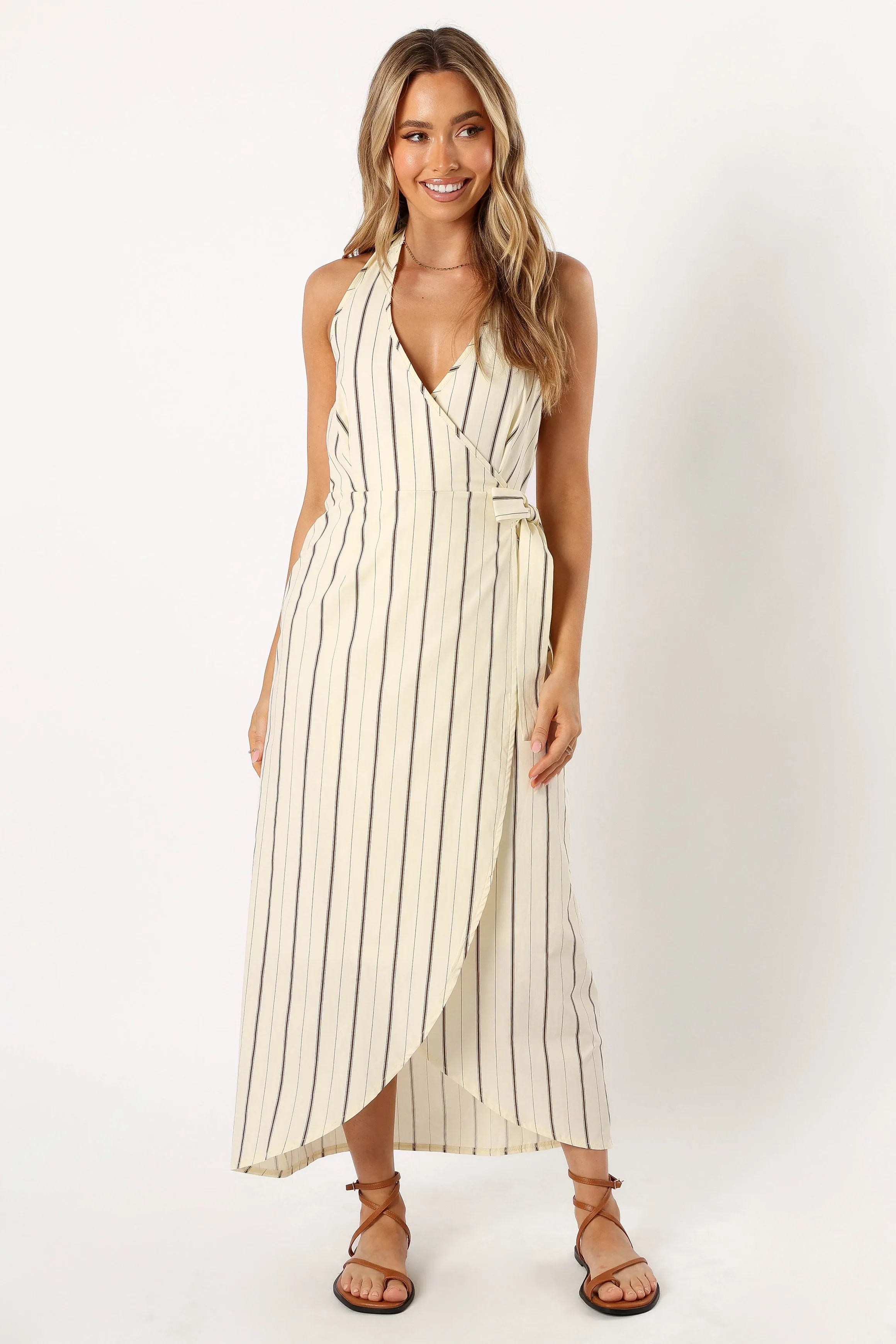 Abigail Wrap Midi Dress - Beige Stripe sold by Petal & Pup product image thumbnail 2