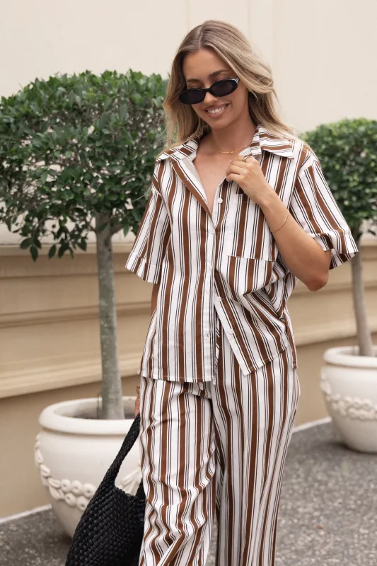 Thalia Short Sleeve Shirt - Chocolate Stripe sold by Petal & Pup