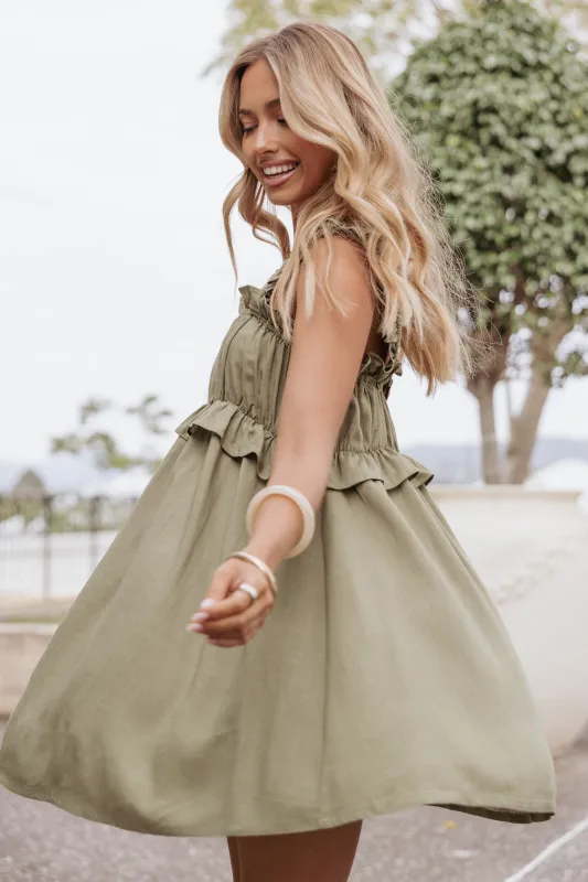 Orion Frill Strap Mini Dress - Olive sold by Petal & Pup