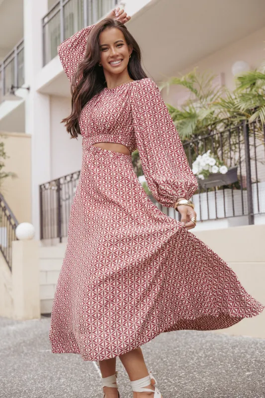 Ginnee Puff Sleeve Cutout Midi Dress - Brown Geo sold by Petal & Pup