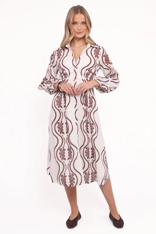 Lira Long Sleeve Midi Dress - Brown Print sold by Petal & Pup