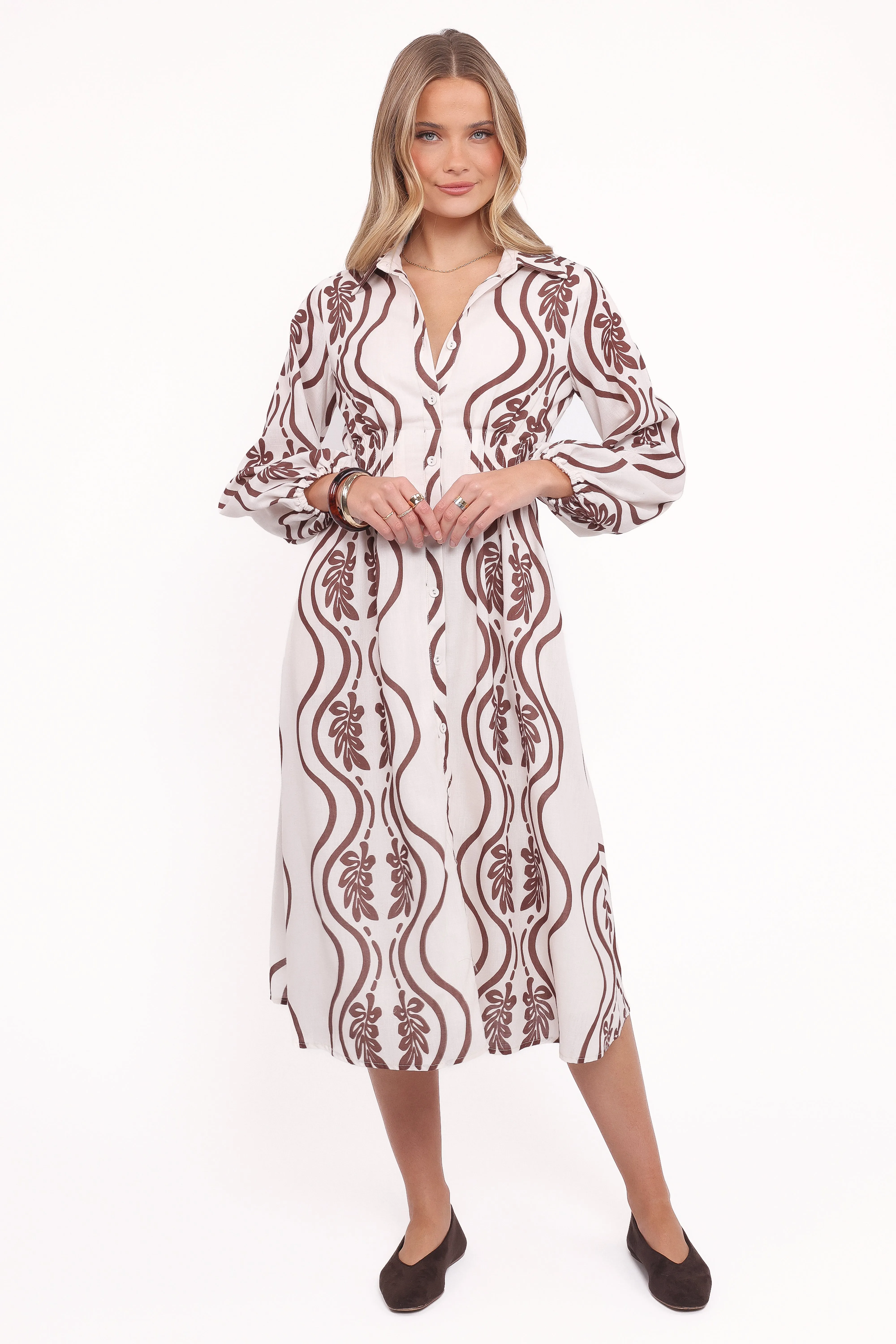 Lira Long Sleeve Midi Dress - Brown Print sold by Petal & Pup
