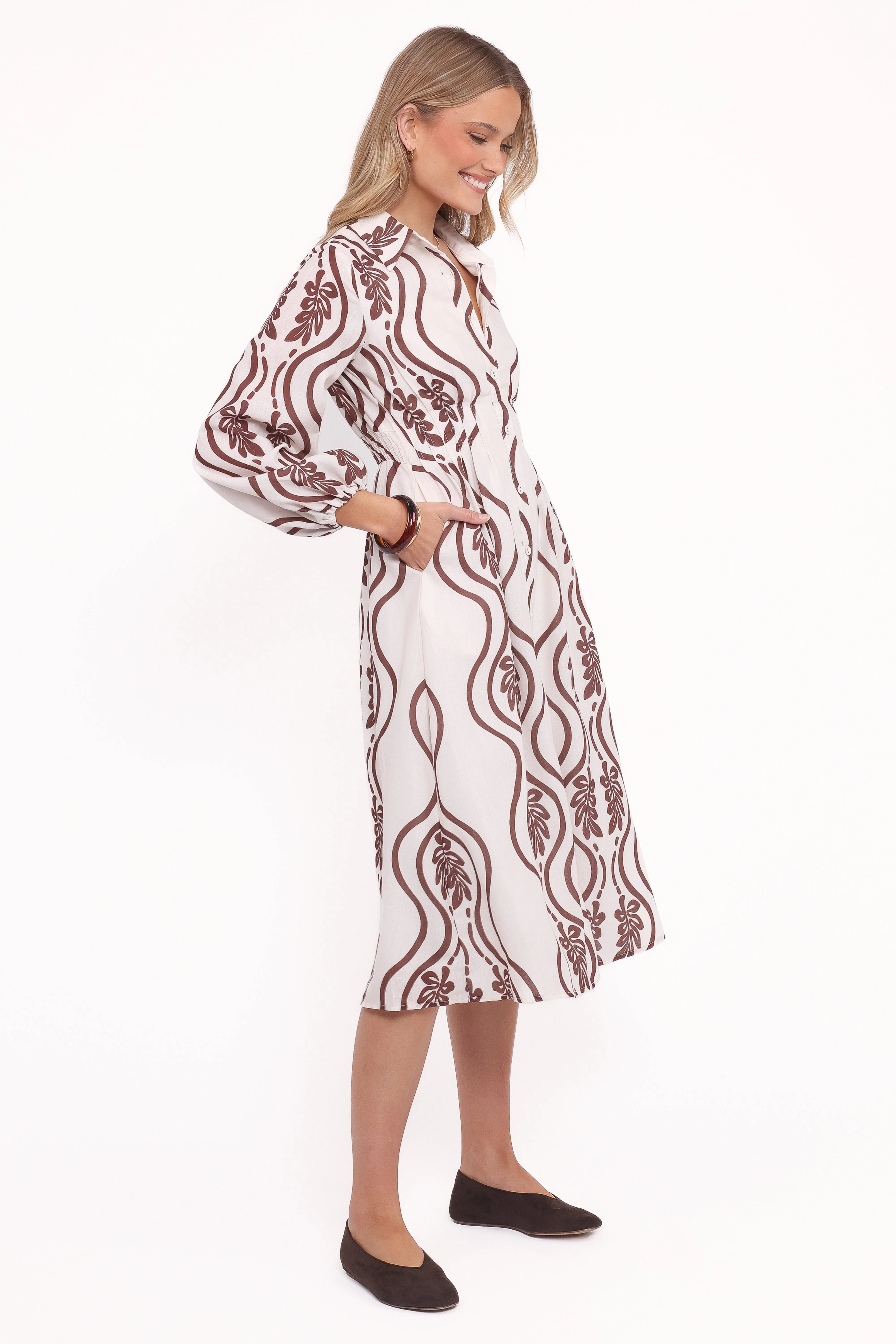 Lira Long Sleeve Midi Dress - Brown Print sold by Petal & Pup product image thumbnail 3