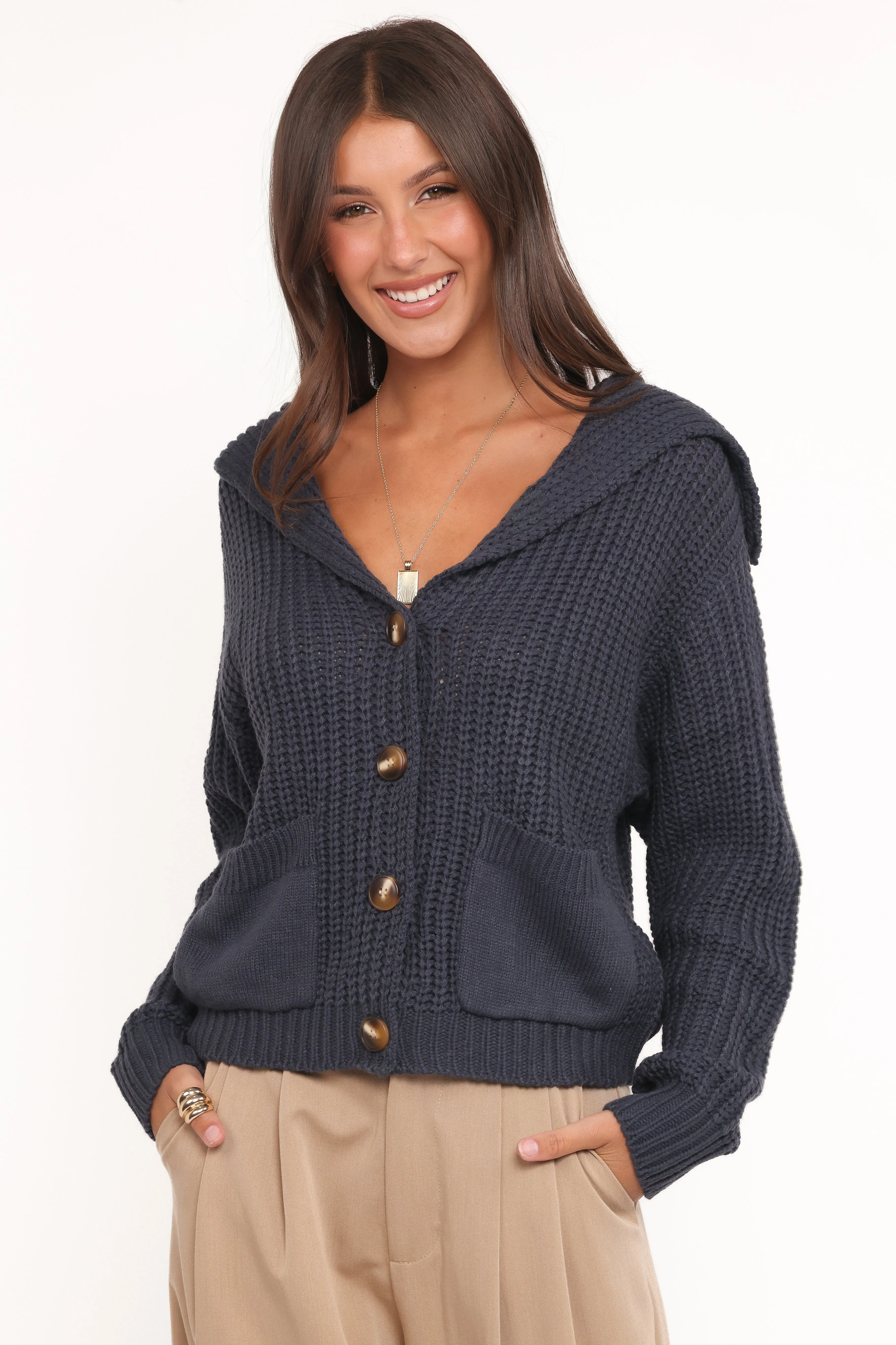 Amelia Oversize Collar Button Cardigan - Navy sold by Petal & Pup